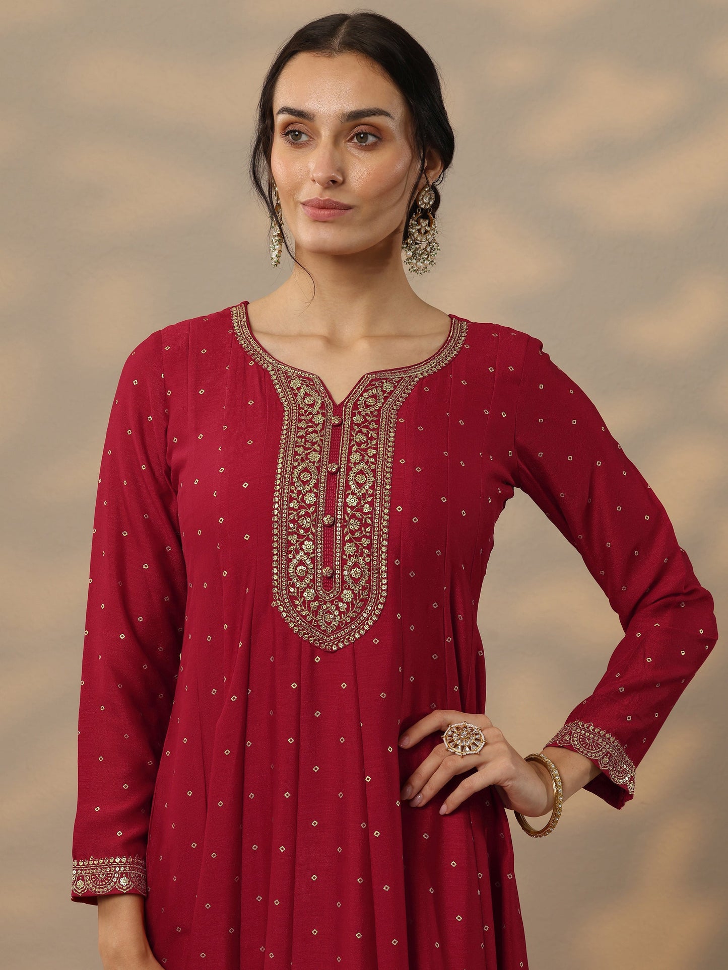 Red Embellished Silk Blend A-Line Gown With Dupatta