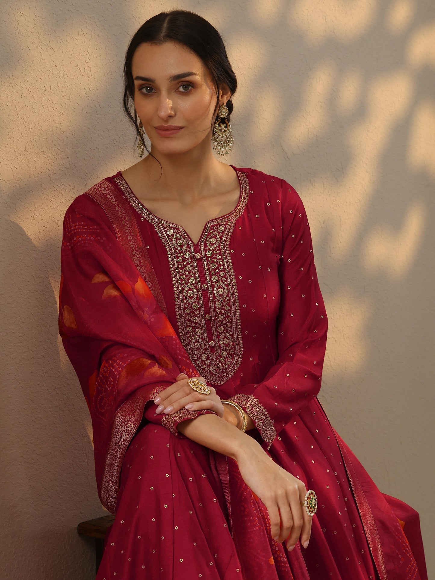 Red Embellished Silk Blend A-Line Gown With Dupatta