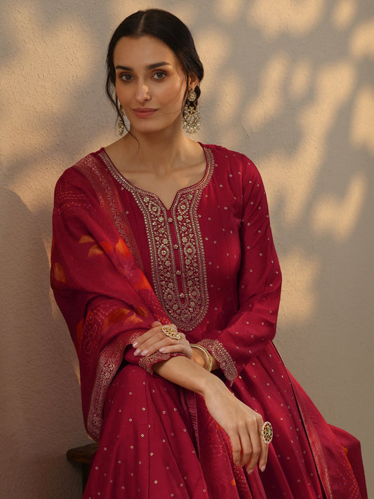 Red Embellished Silk Blend A-Line Gown With Dupatta