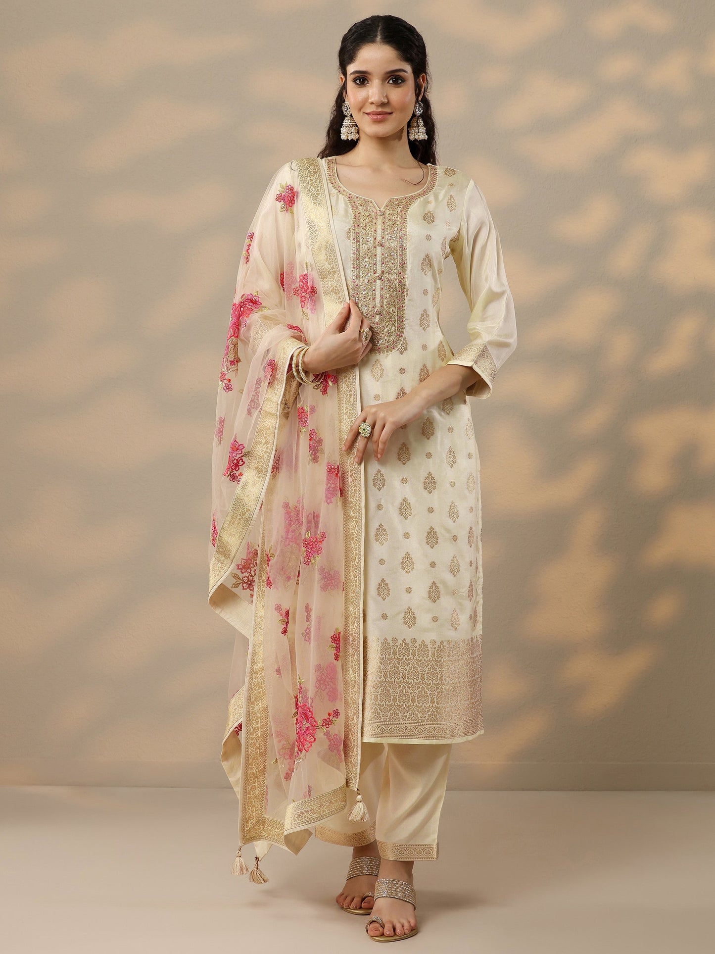 Off White Woven Design Silk Blend Straight Suit Set With Dupatta