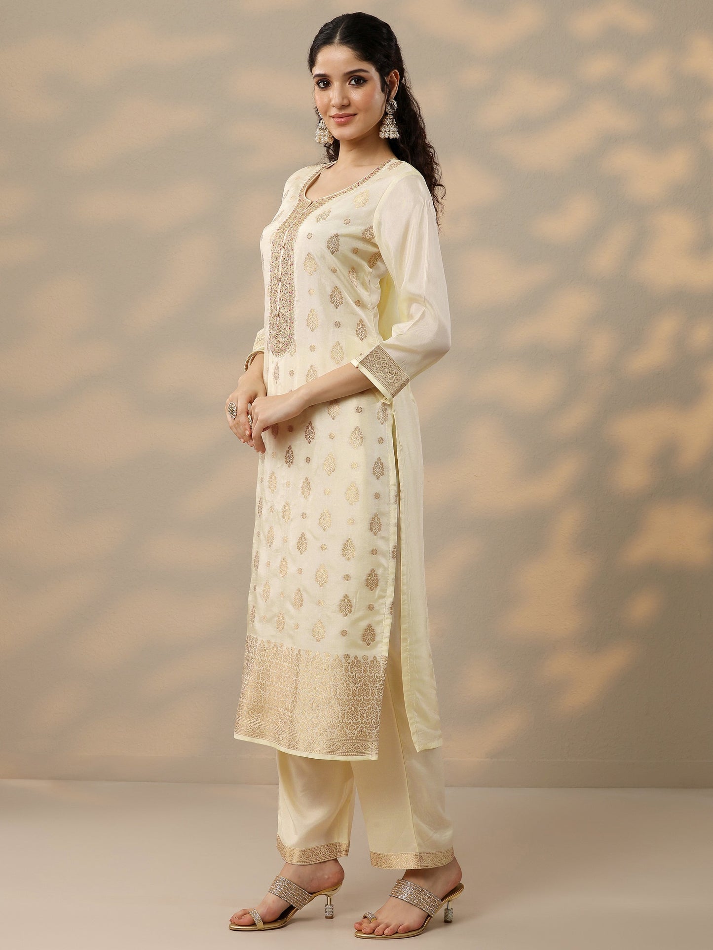 Off White Woven Design Silk Blend Straight Suit Set With Dupatta