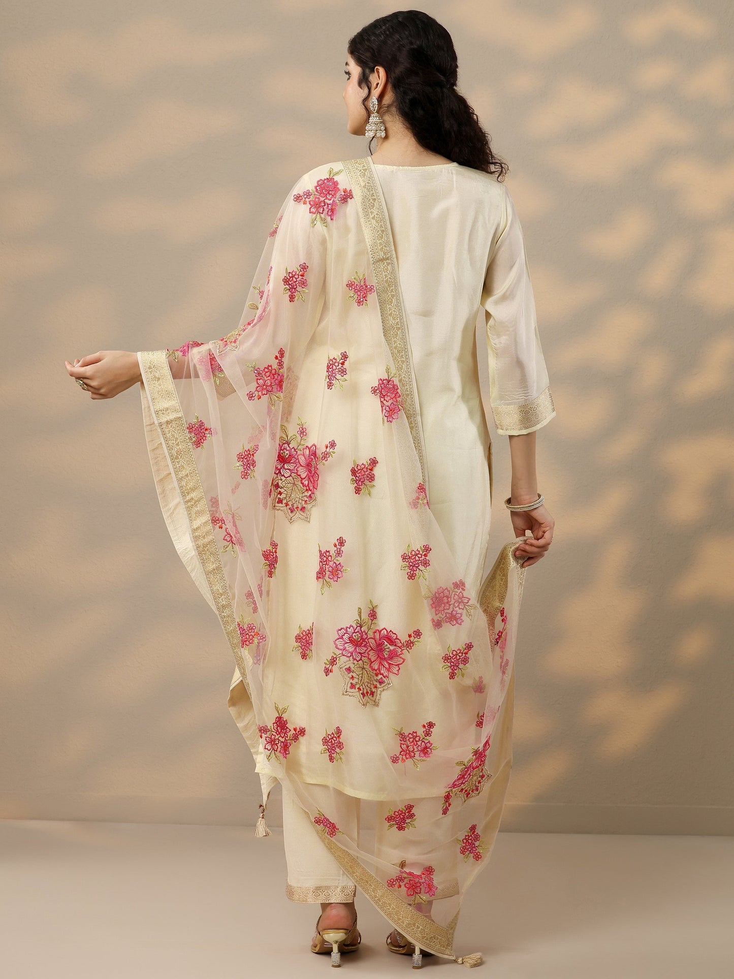 Off White Woven Design Silk Blend Straight Suit Set With Dupatta