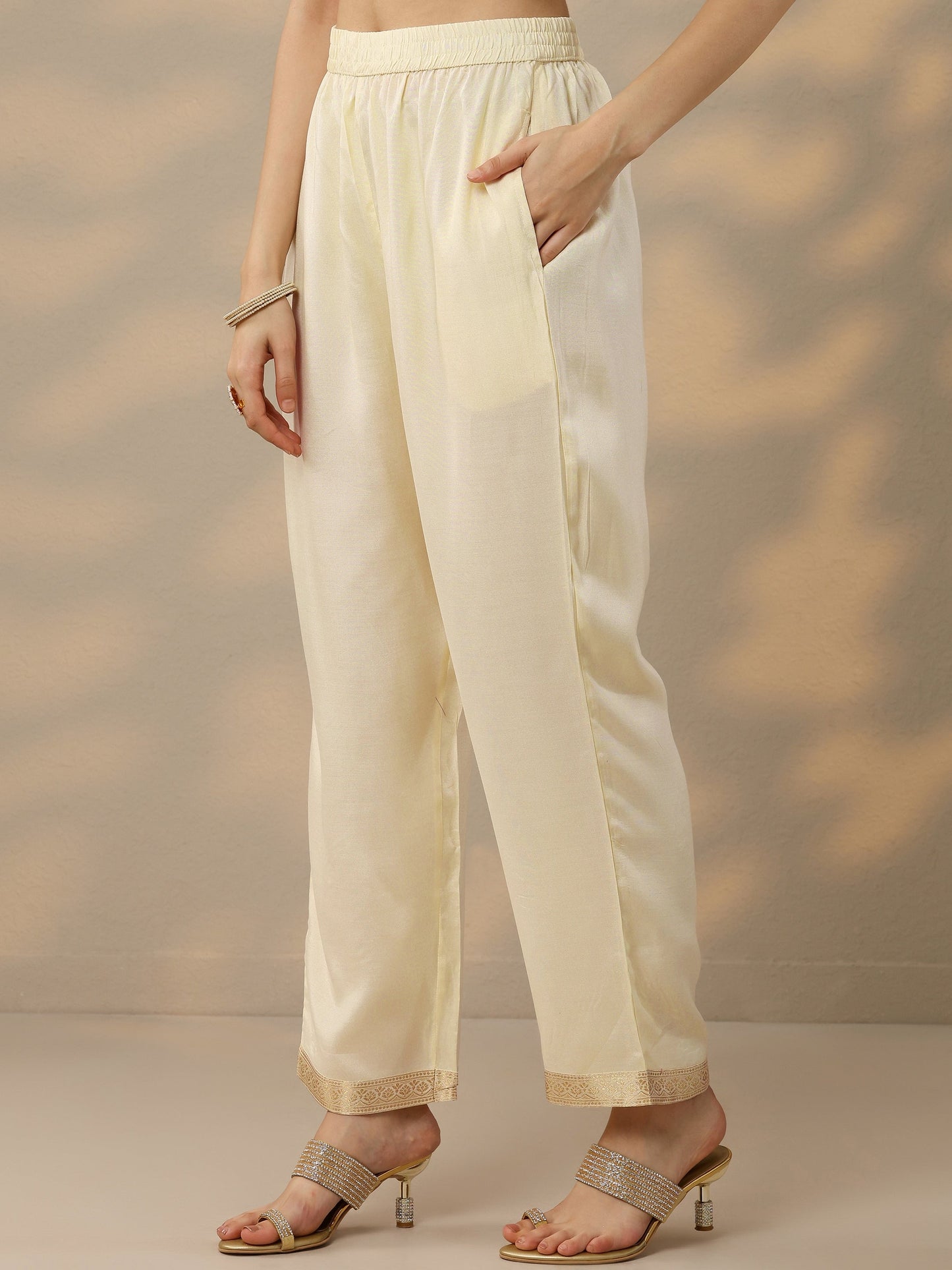 Off White Woven Design Silk Blend Straight Suit Set With Dupatta