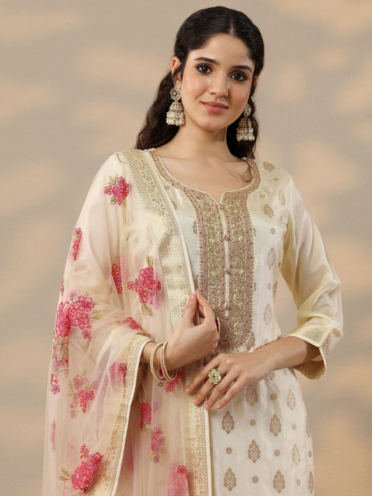Off White Woven Design Silk Blend Straight Suit Set With Dupatta