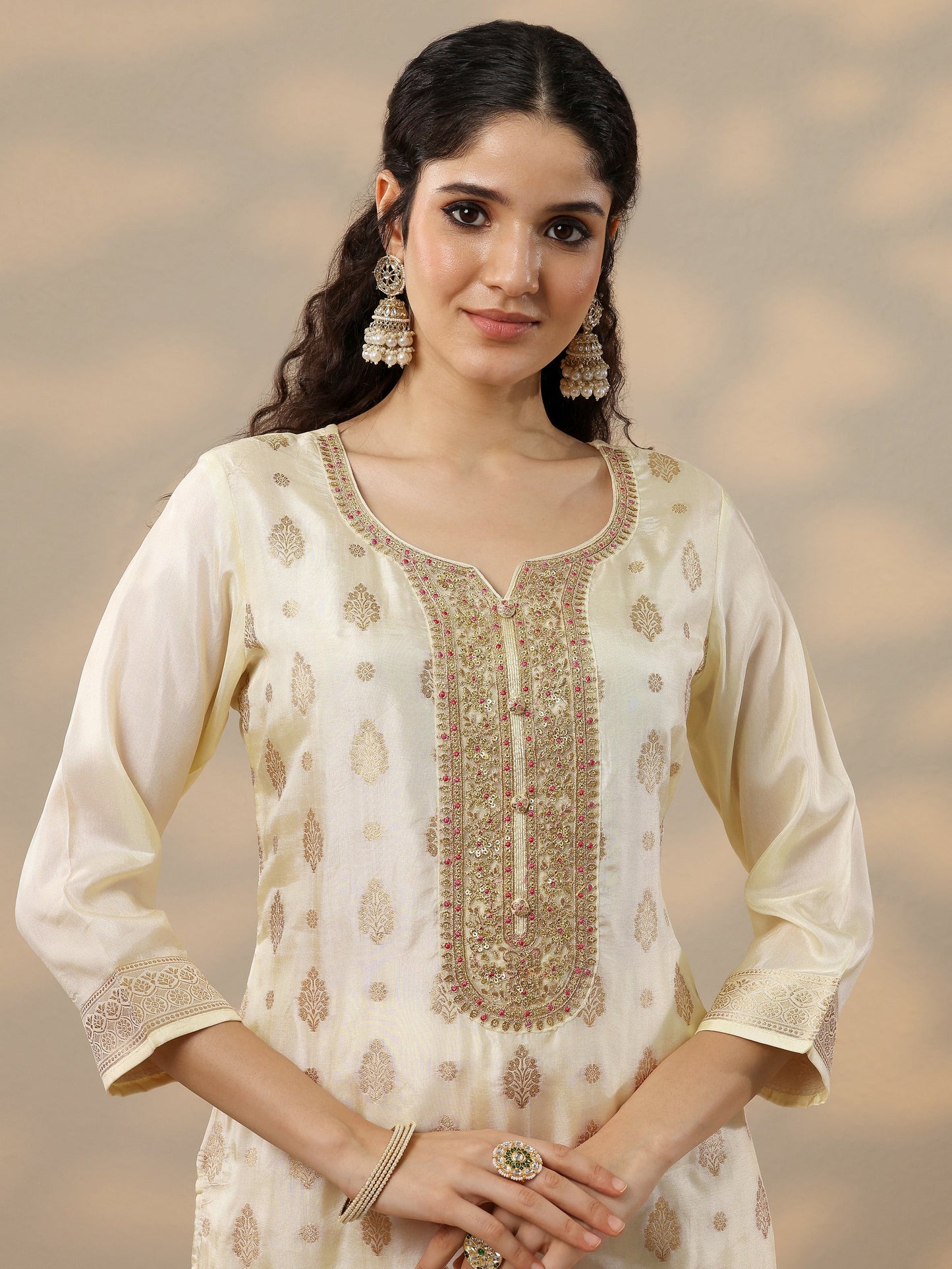 Off White Woven Design Silk Blend Straight Suit Set With Dupatta