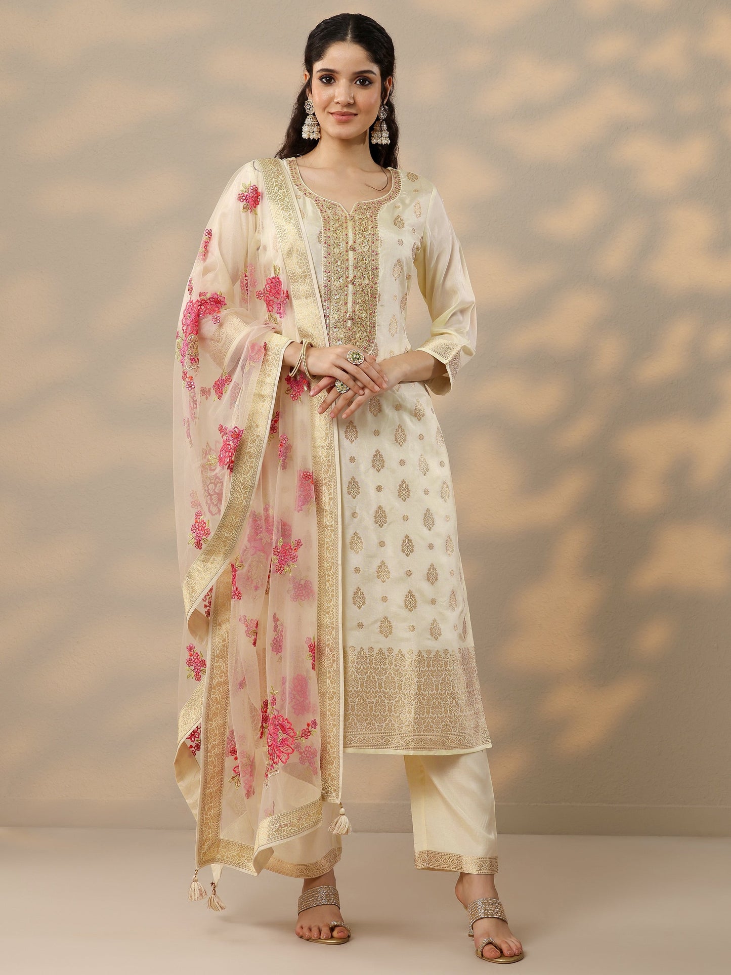 Off White Woven Design Silk Blend Straight Suit Set With Dupatta