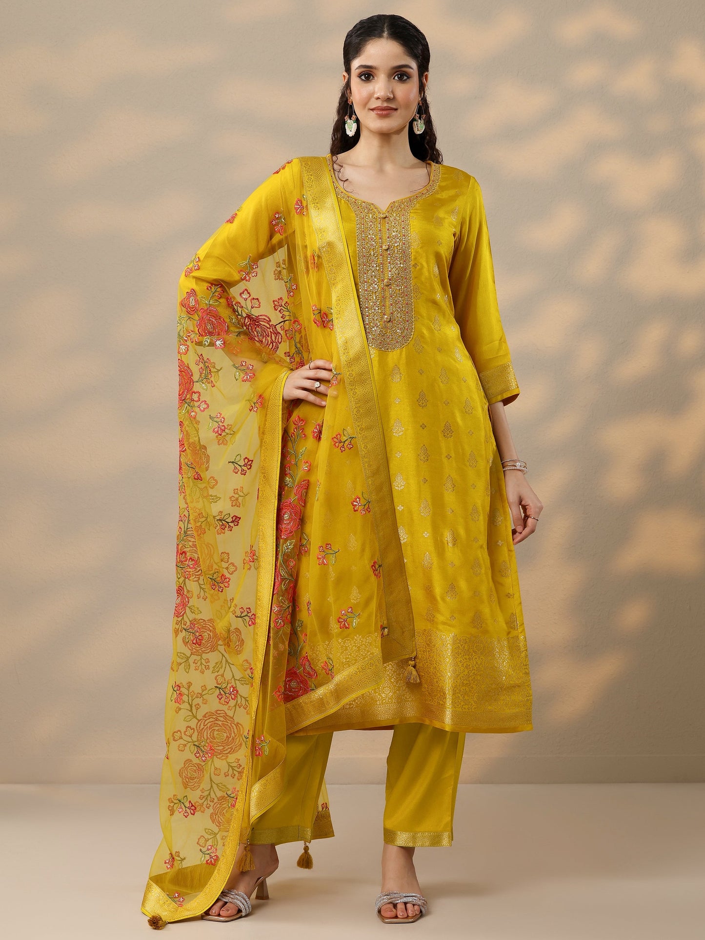 Mustard Woven Design Silk Blend Straight Suit Set With Dupatta