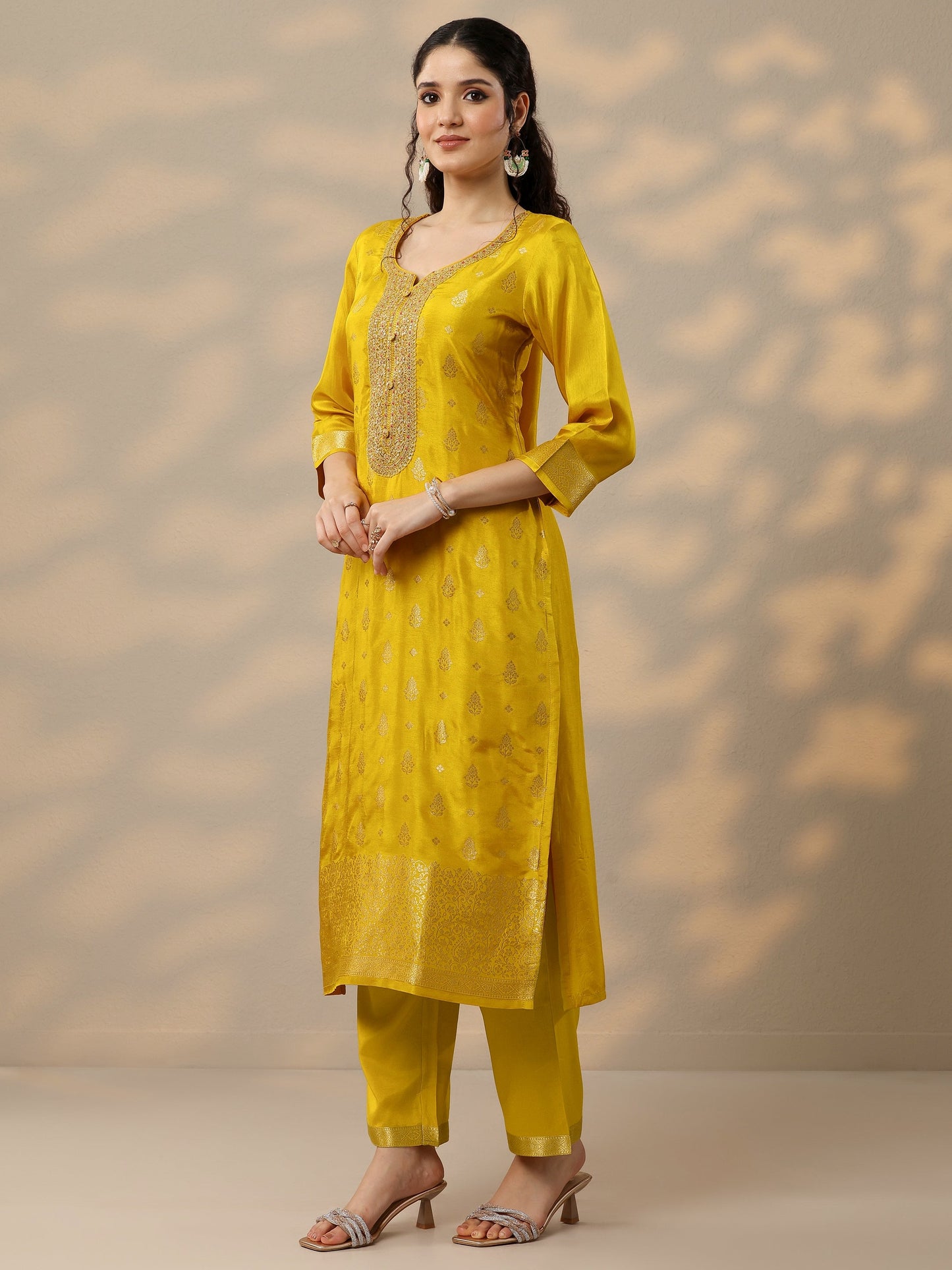Mustard Woven Design Silk Blend Straight Suit Set With Dupatta