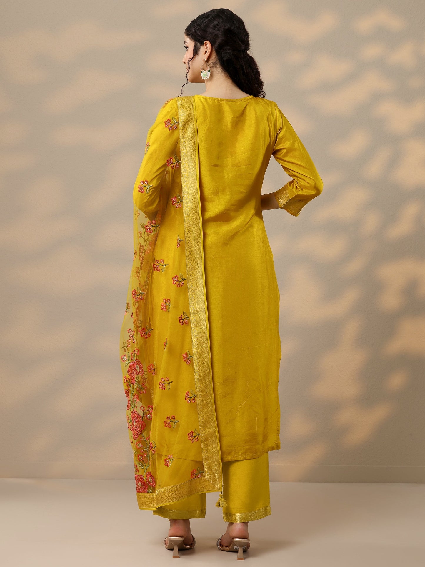 Mustard Woven Design Silk Blend Straight Suit Set With Dupatta
