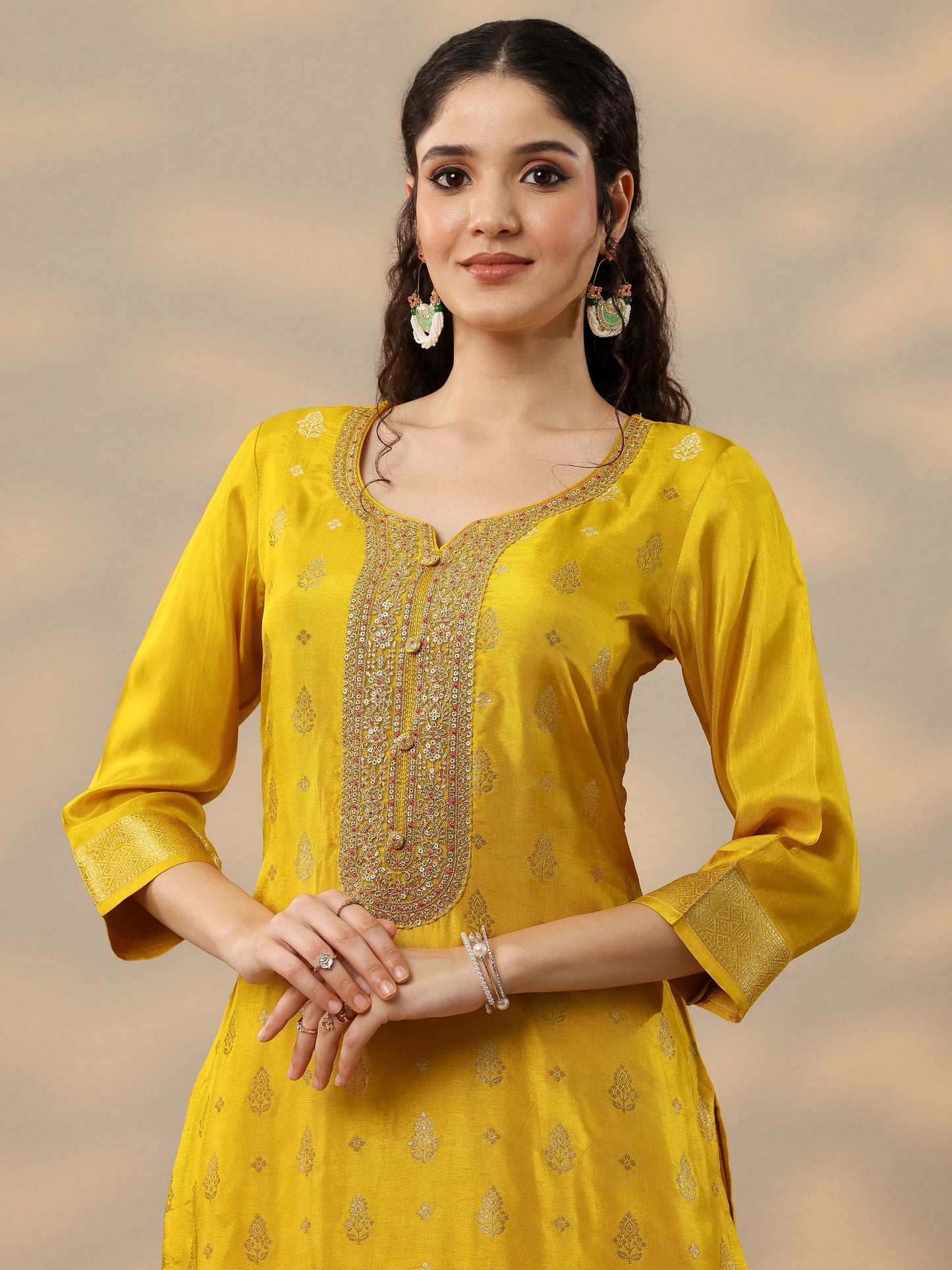Mustard Woven Design Silk Blend Straight Suit Set With Dupatta