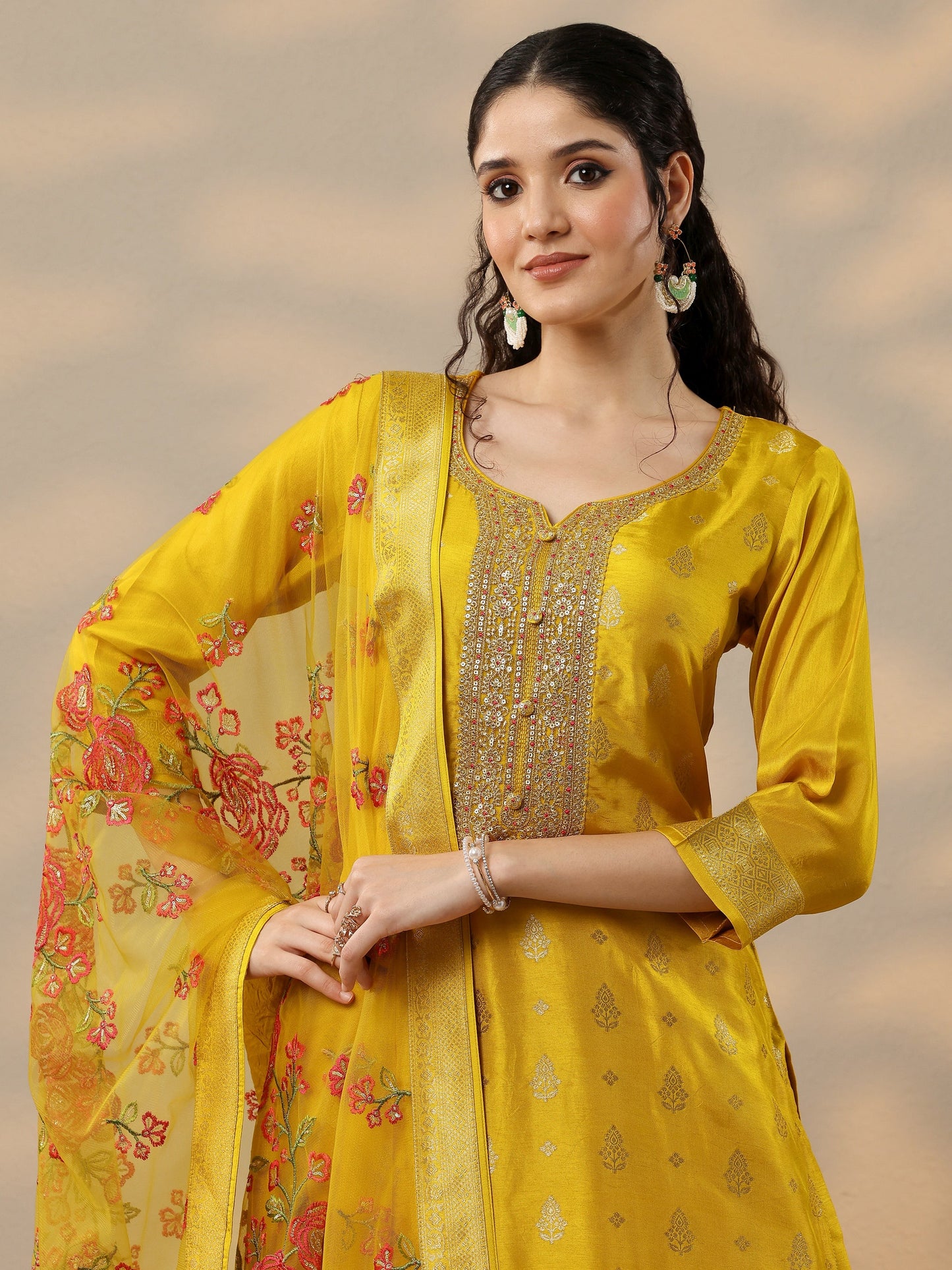 Mustard Woven Design Silk Blend Straight Suit Set With Dupatta