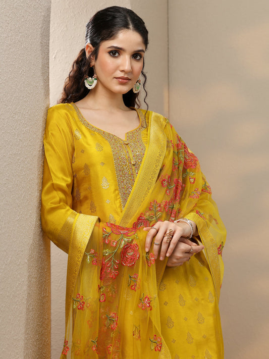 Mustard Woven Design Silk Blend Straight Suit Set With Dupatta