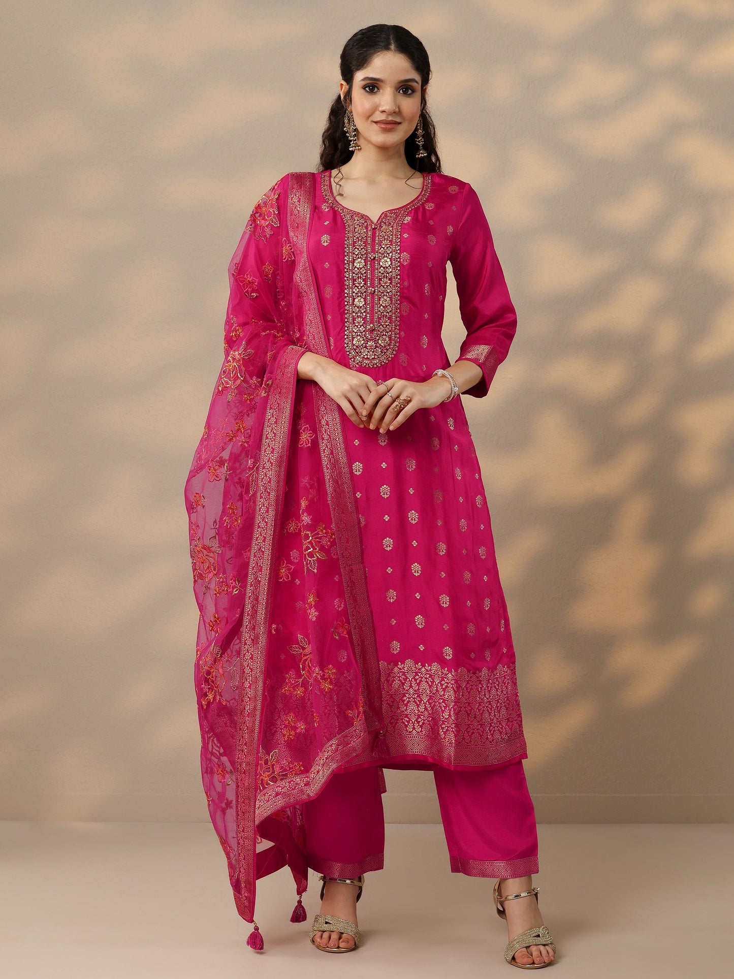 Magenta Woven Design Silk Blend Straight Suit Set With Dupatta