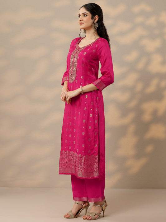 Magenta Woven Design Silk Blend Straight Suit Set With Dupatta