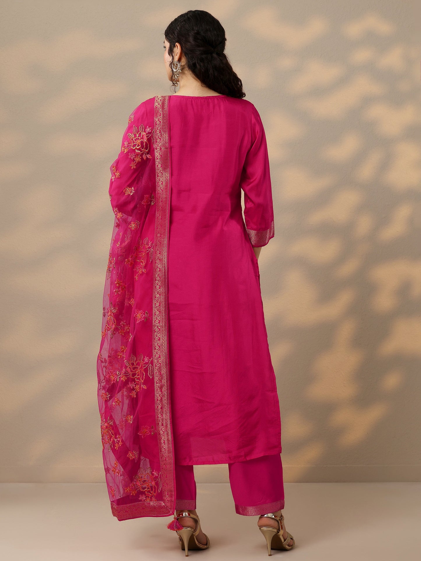 Magenta Woven Design Silk Blend Straight Suit Set With Dupatta