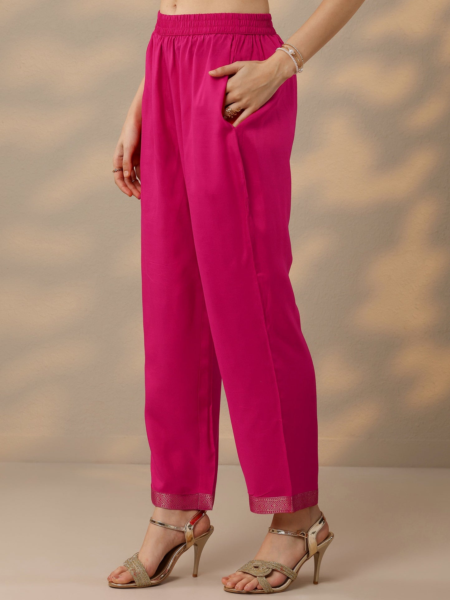 Magenta Woven Design Silk Blend Straight Suit Set With Dupatta