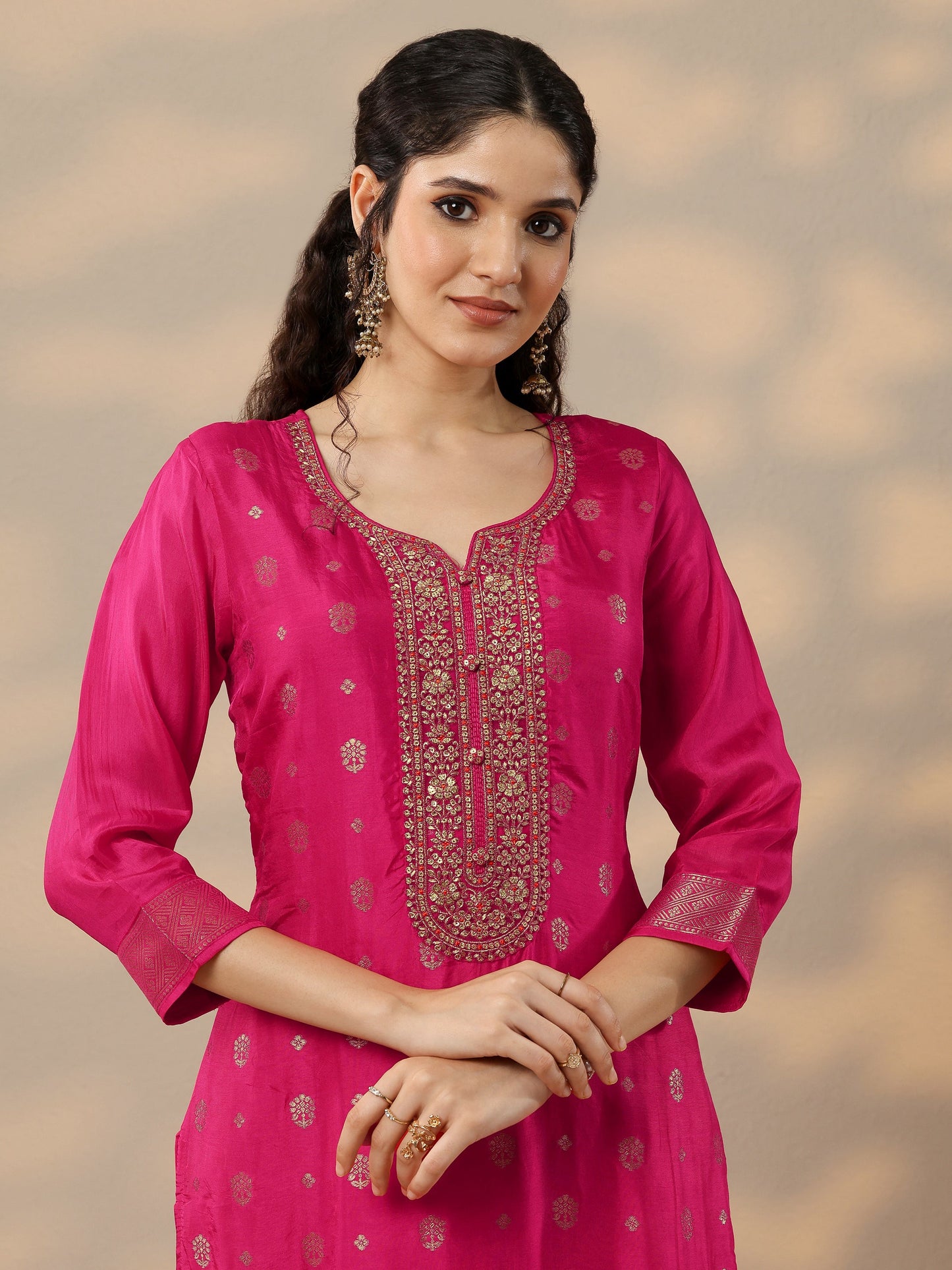 Magenta Woven Design Silk Blend Straight Suit Set With Dupatta