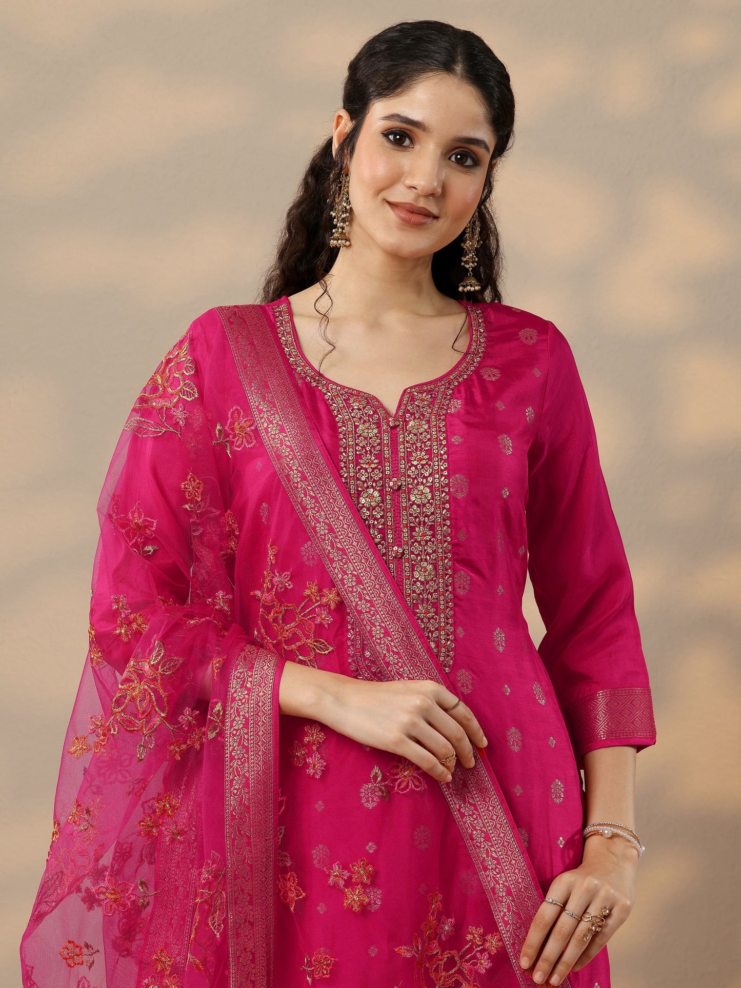 Magenta Woven Design Silk Blend Straight Suit Set With Dupatta