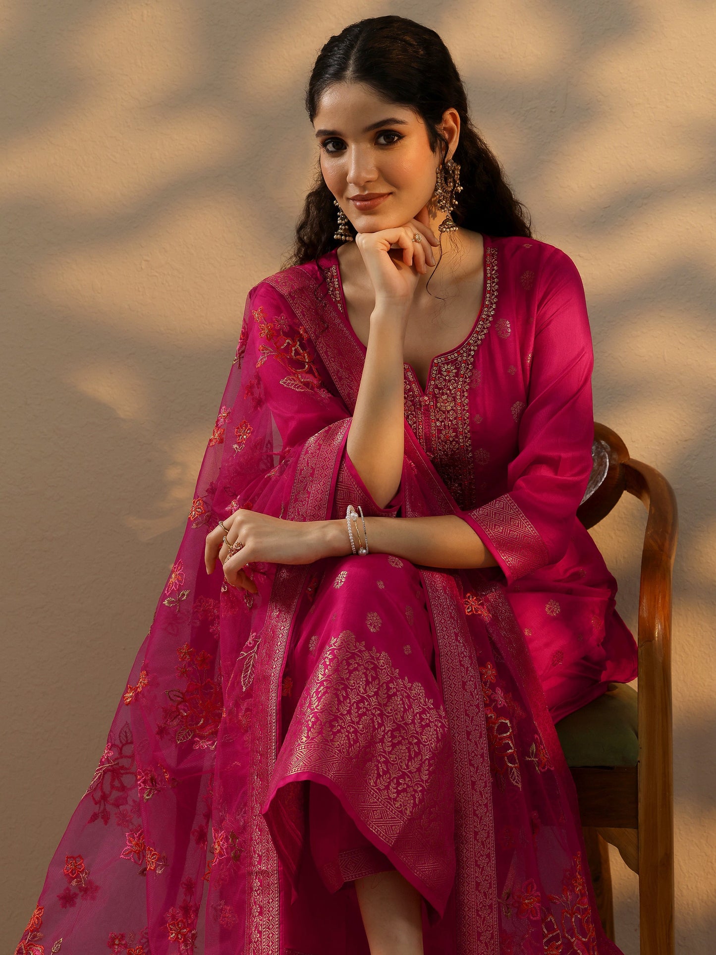 Magenta Woven Design Silk Blend Straight Suit Set With Dupatta