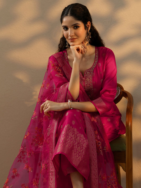 Magenta Woven Design Silk Blend Straight Suit Set With Dupatta