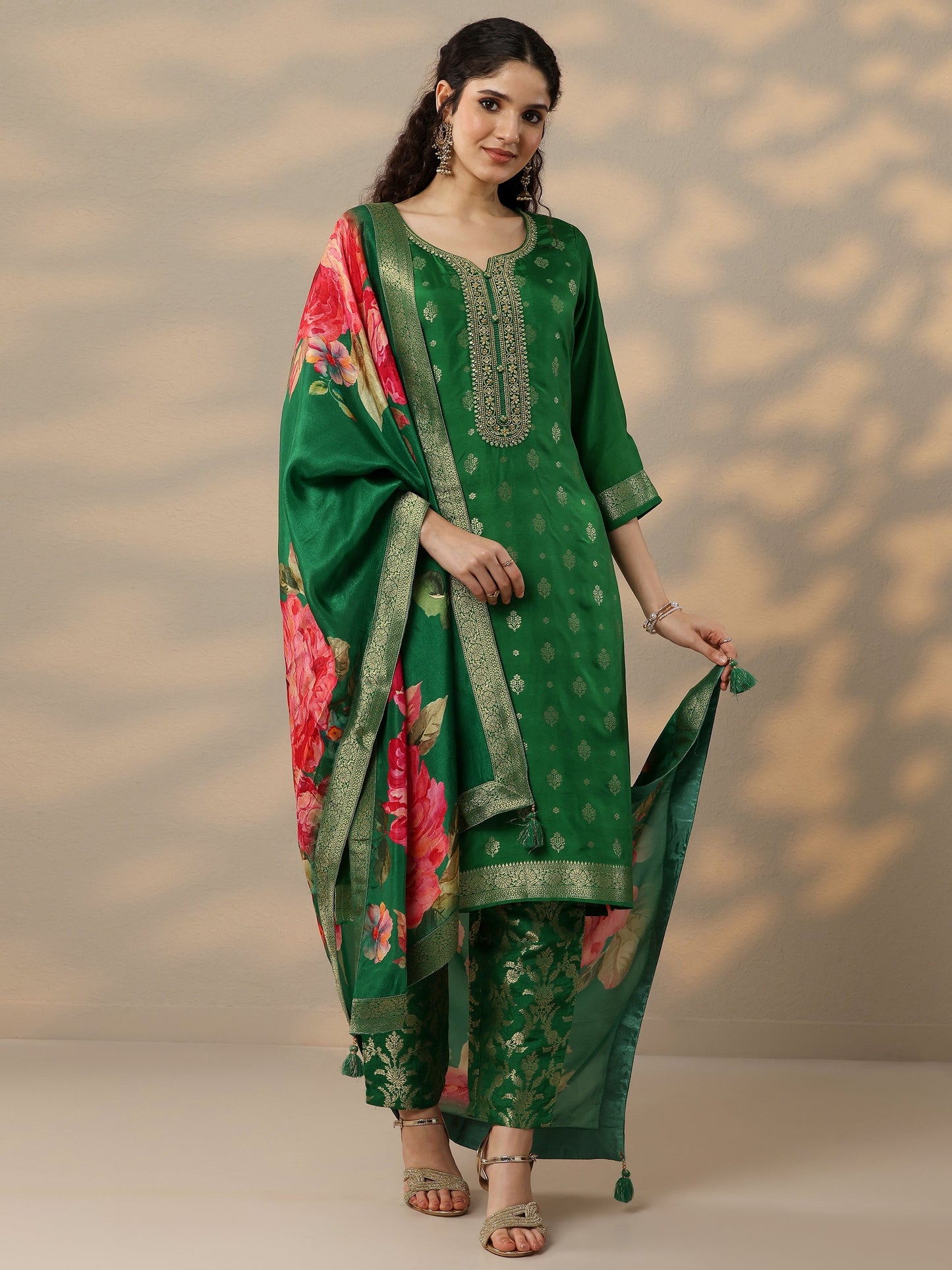 Green Woven Design Silk Blend Straight Suit Set With Dupatta