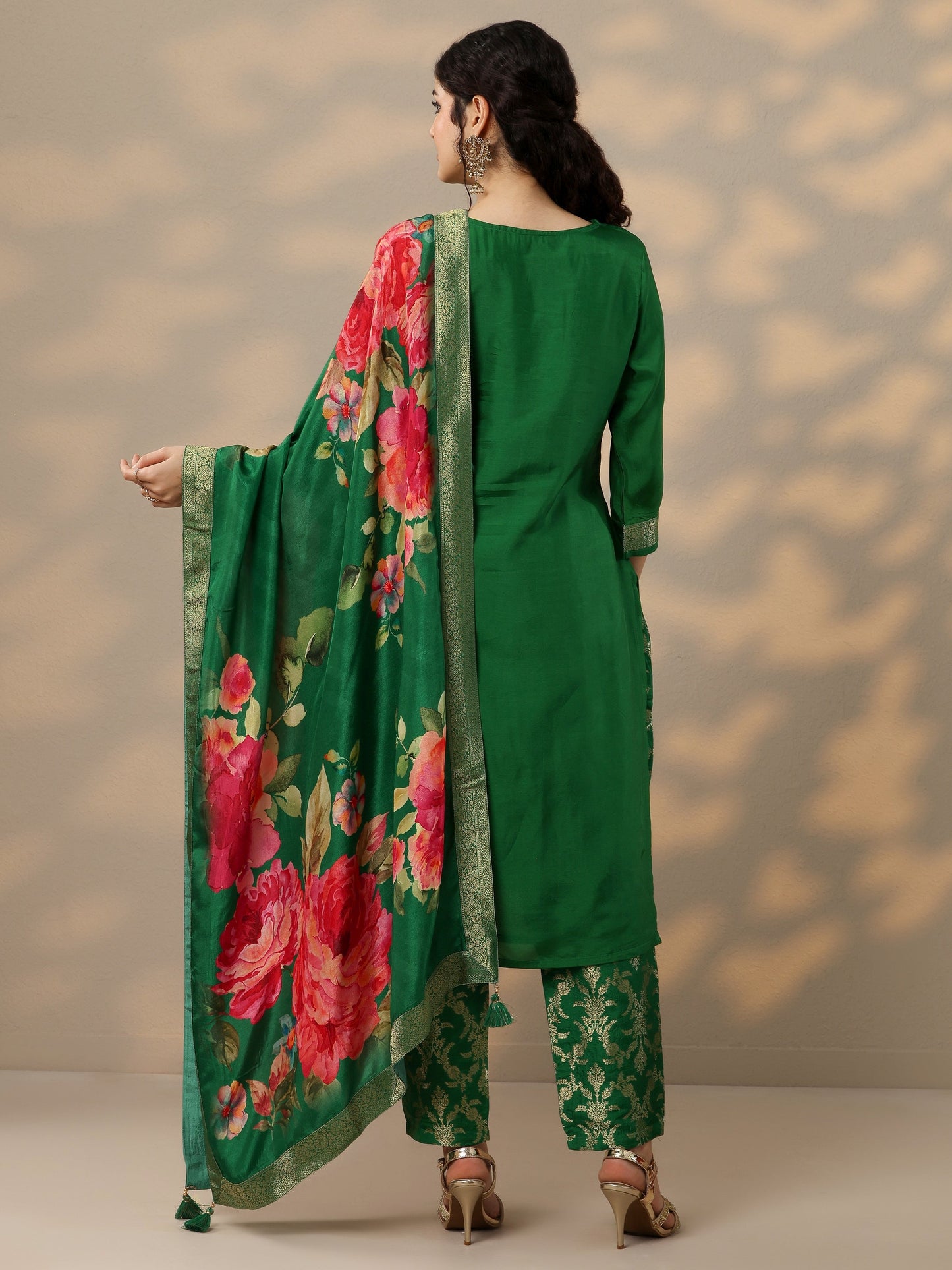 Green Woven Design Silk Blend Straight Suit Set With Dupatta