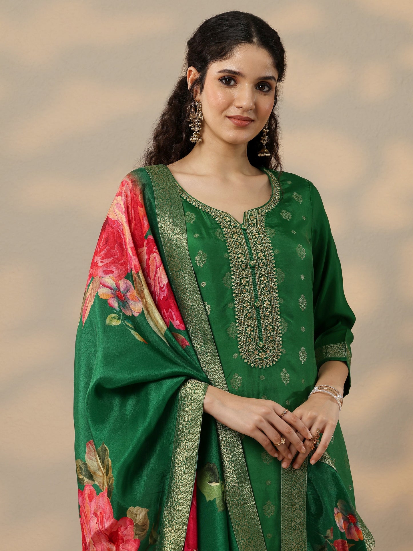 Green Woven Design Silk Blend Straight Suit Set With Dupatta
