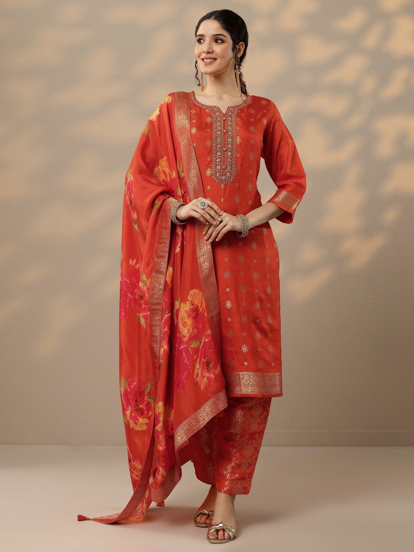 Rust Woven Design Silk Blend Straight Suit Set With Dupatta