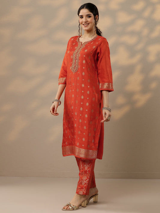 Rust Woven Design Silk Blend Straight Suit Set With Dupatta