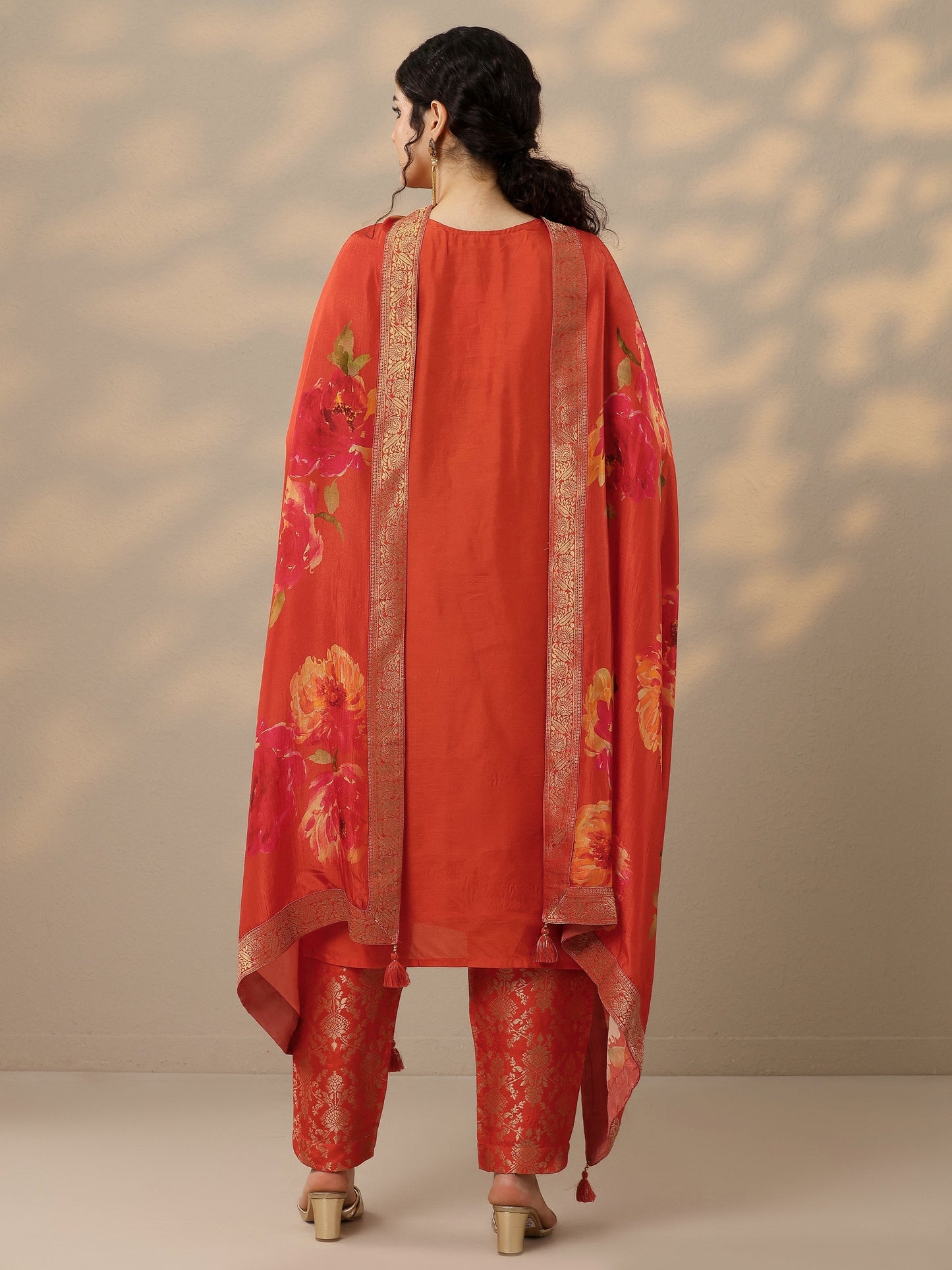 Rust Woven Design Silk Blend Straight Suit Set With Dupatta