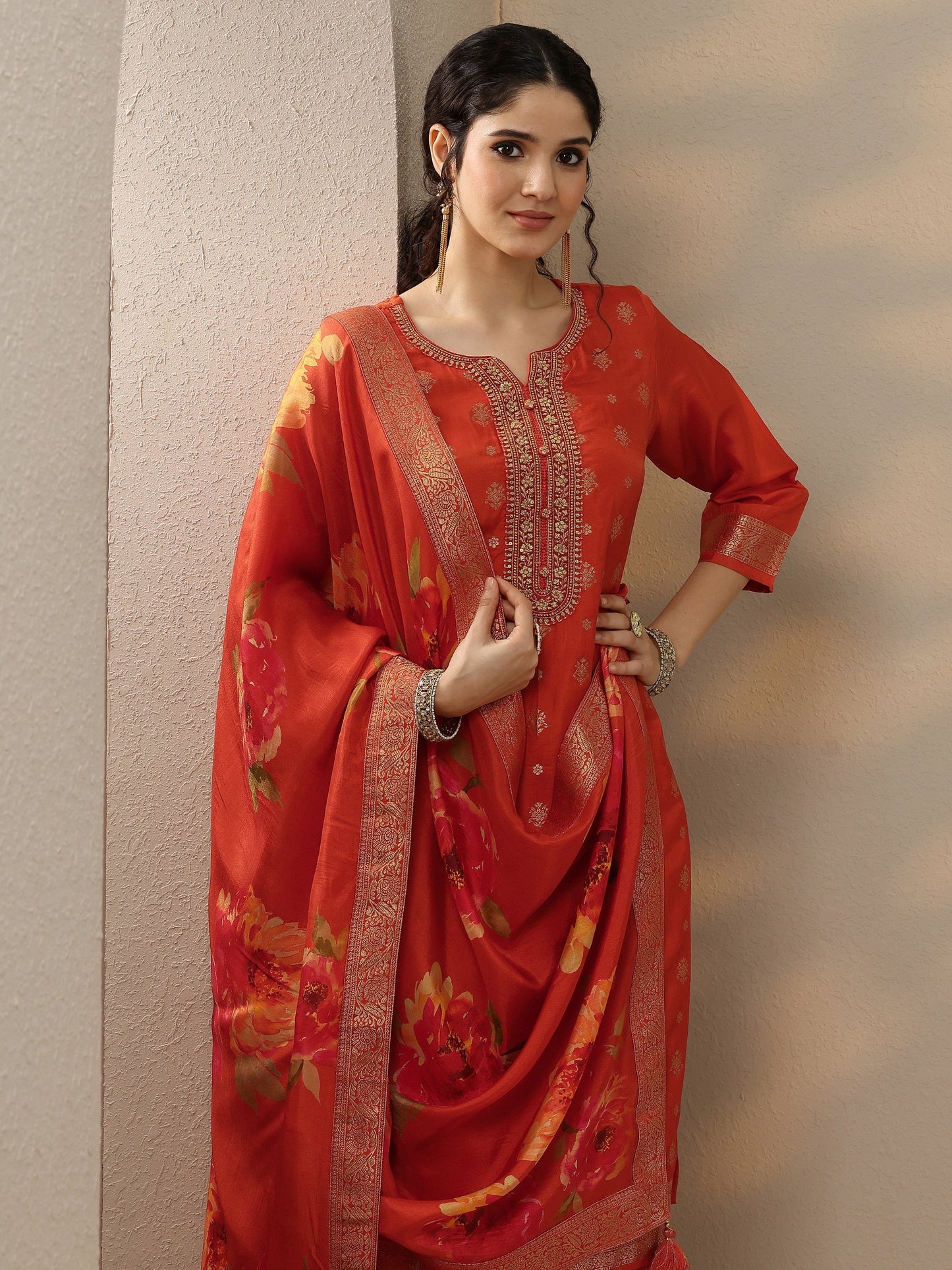 Rust Woven Design Silk Blend Straight Suit Set With Dupatta
