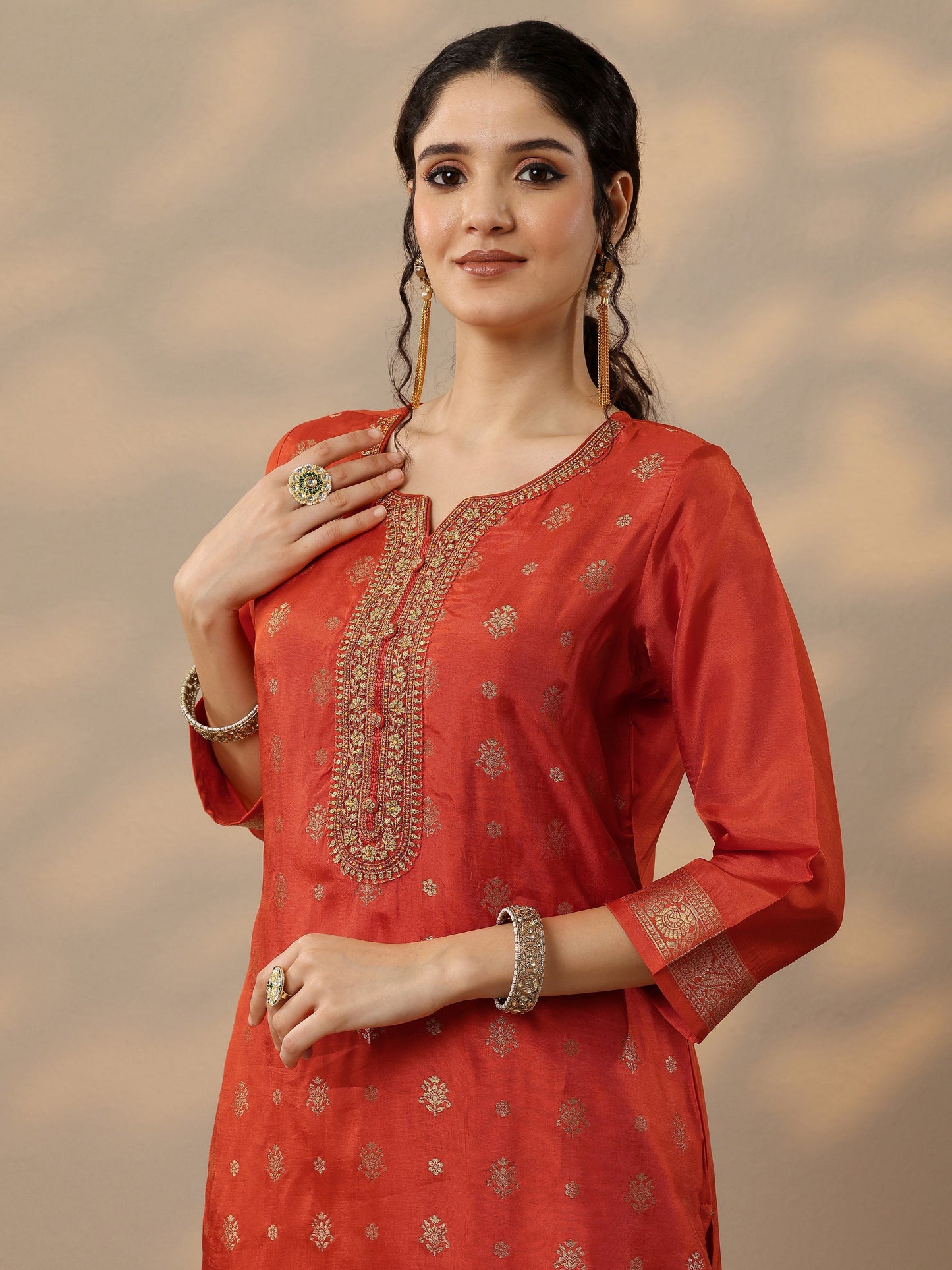 Rust Woven Design Silk Blend Straight Suit Set With Dupatta