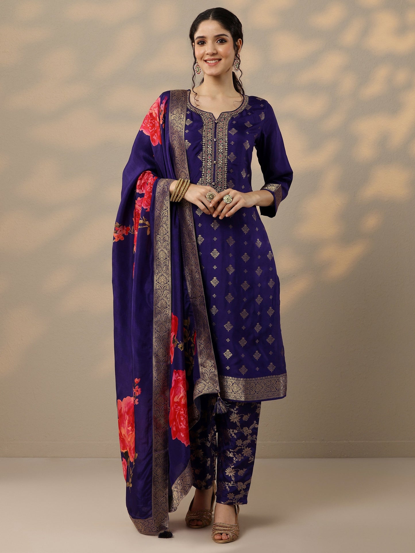 Purple Woven Design Silk Blend Straight Suit Set With Dupatta