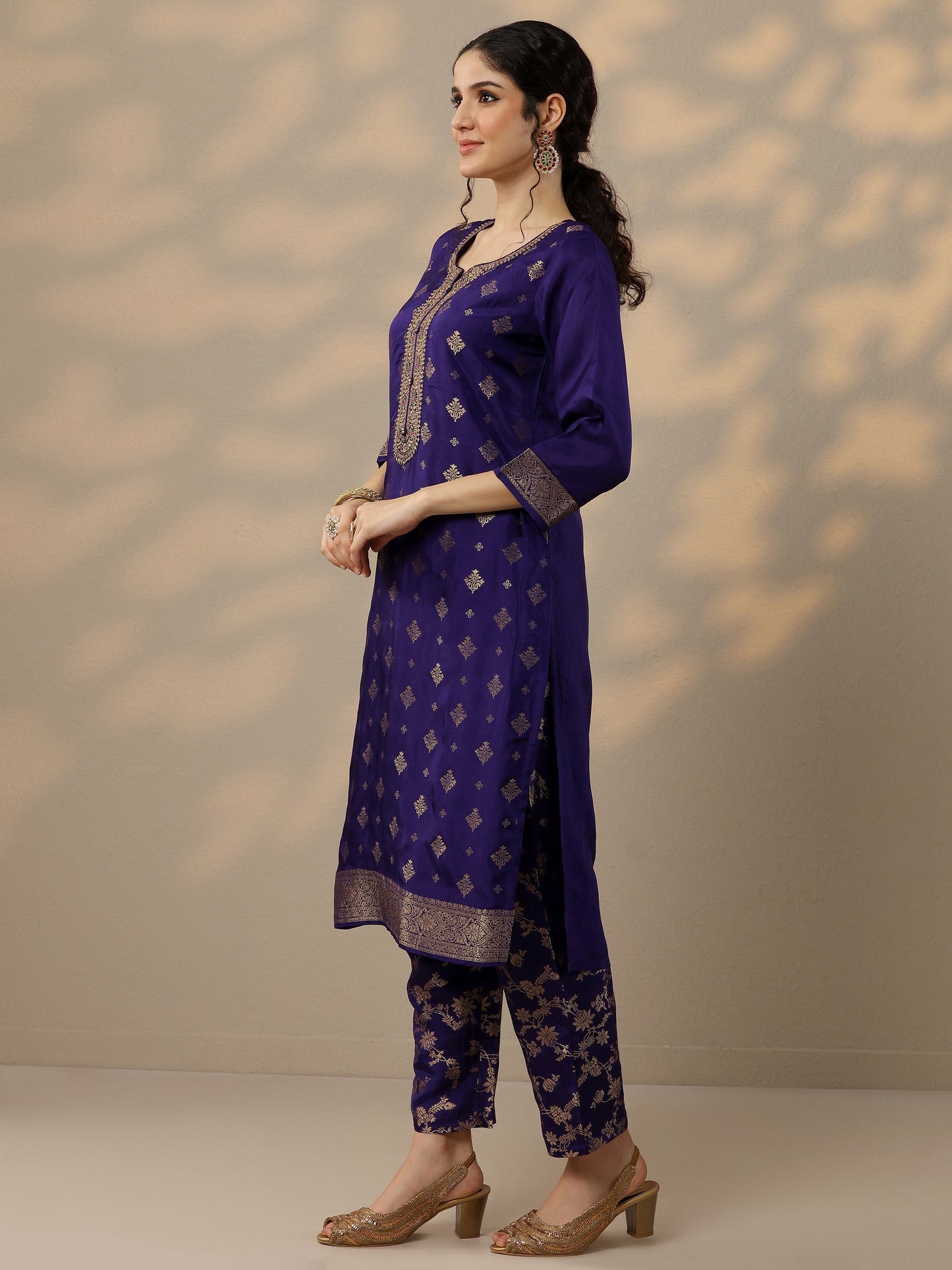 Purple Woven Design Silk Blend Straight Suit Set With Dupatta