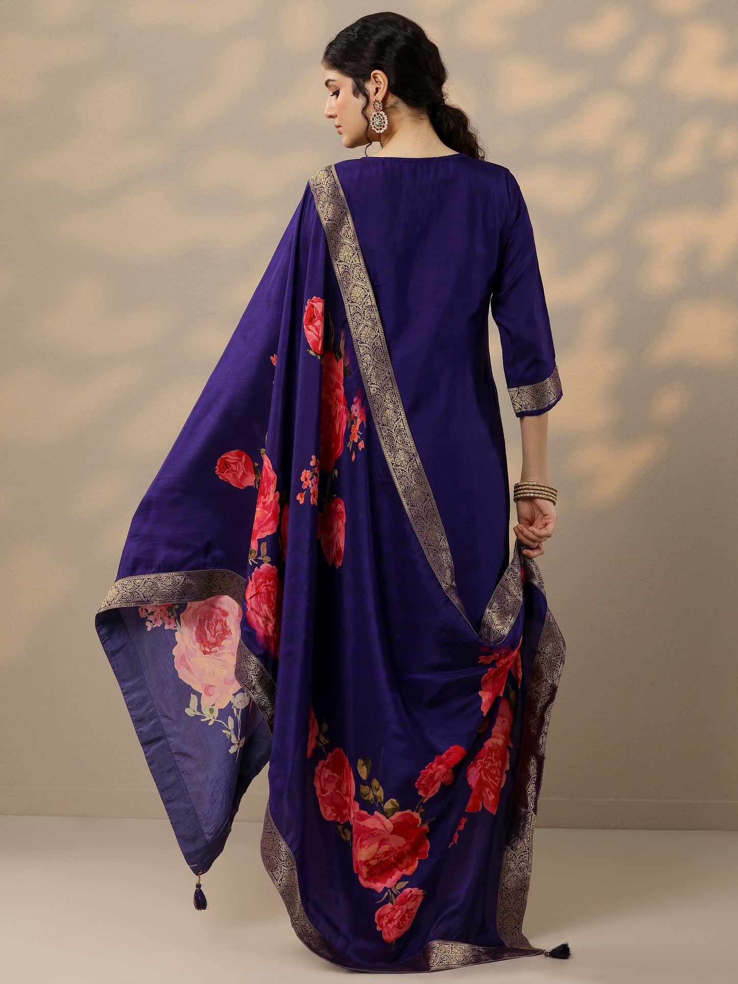 Purple Woven Design Silk Blend Straight Suit Set With Dupatta