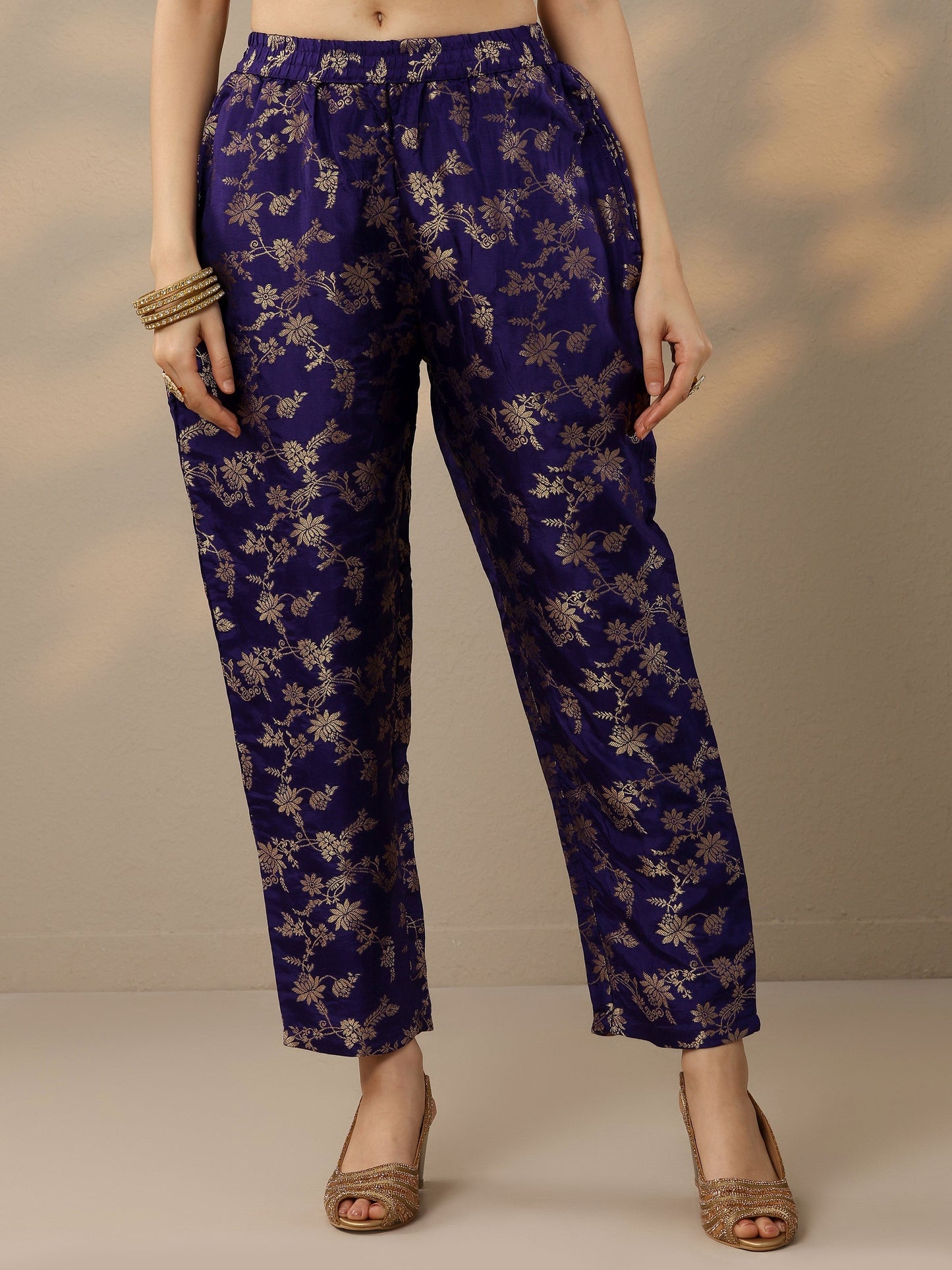 Purple Woven Design Silk Blend Straight Suit Set With Dupatta