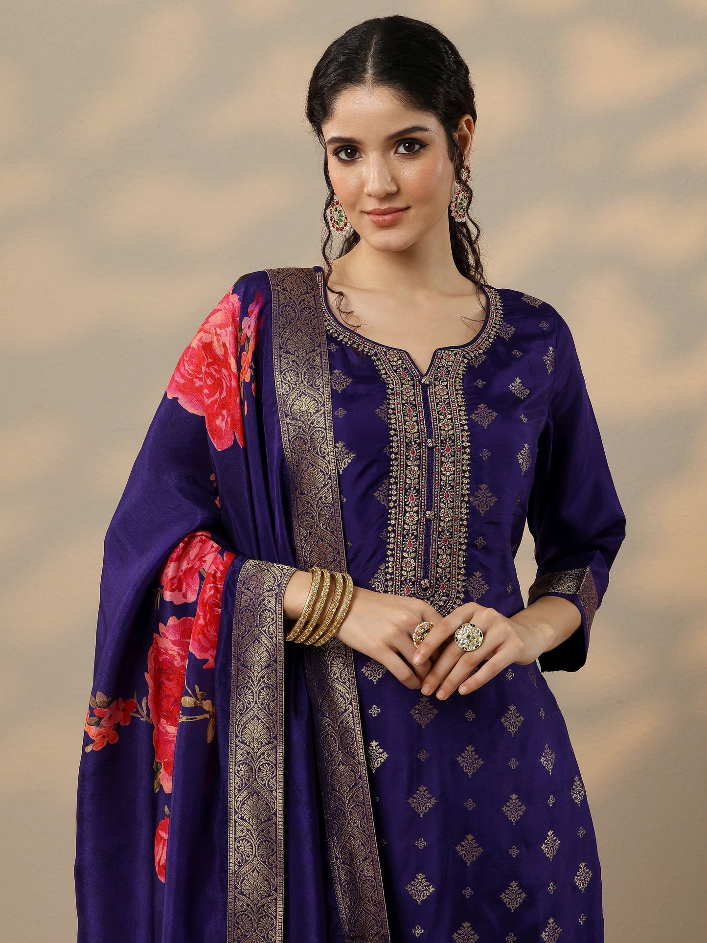 Purple Woven Design Silk Blend Straight Suit Set With Dupatta