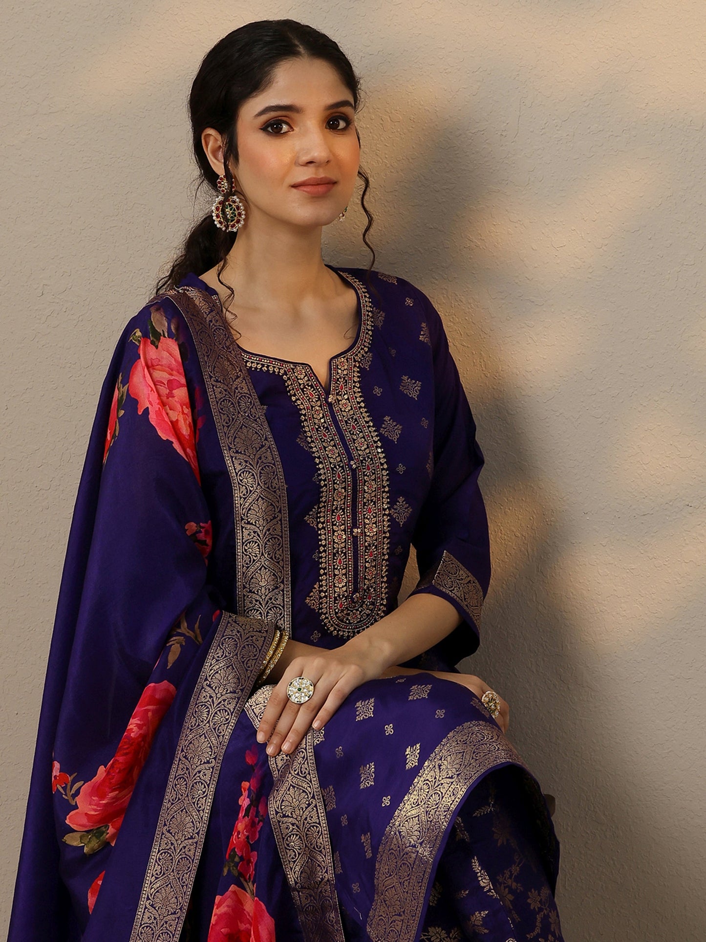 Purple Woven Design Silk Blend Straight Suit Set With Dupatta