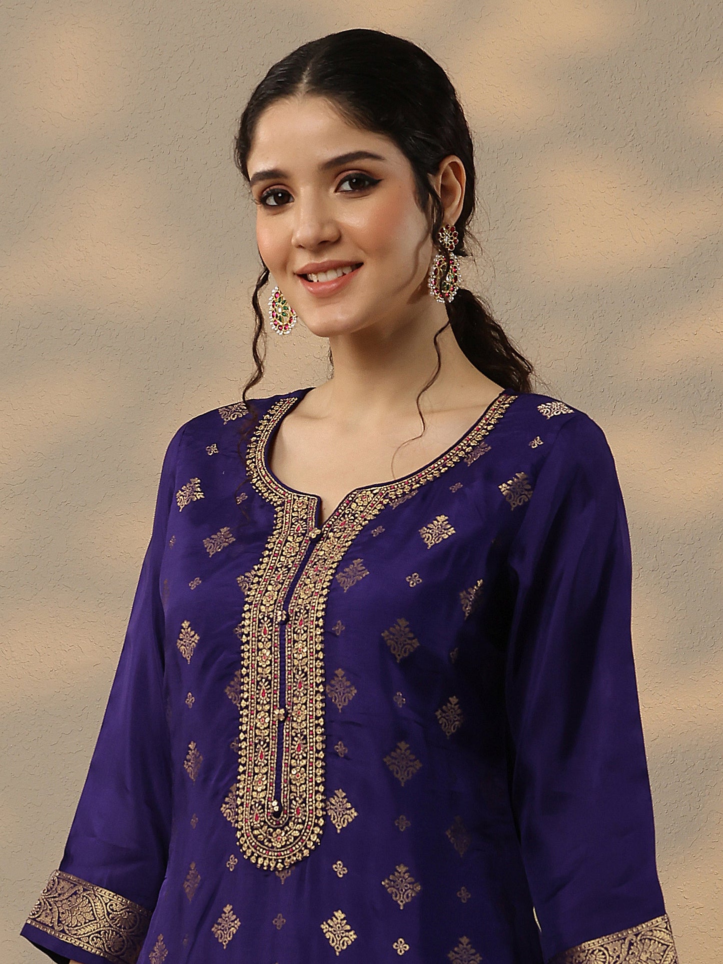Purple Woven Design Silk Blend Straight Suit Set With Dupatta