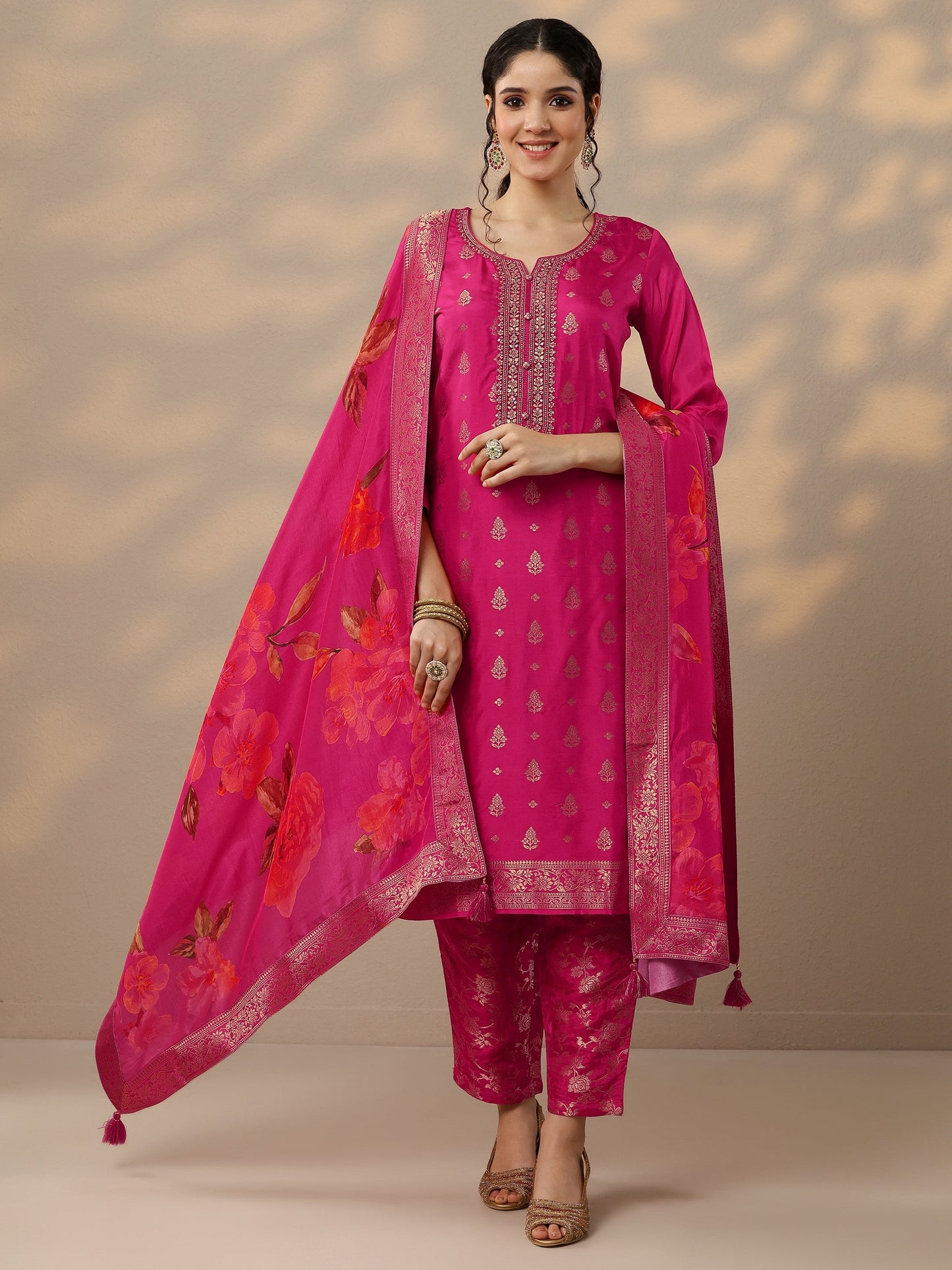 Magenta Woven Design Silk Blend Straight Suit Set With Dupatta