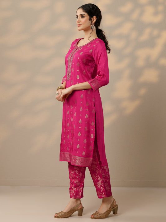 Magenta Woven Design Silk Blend Straight Suit Set With Dupatta
