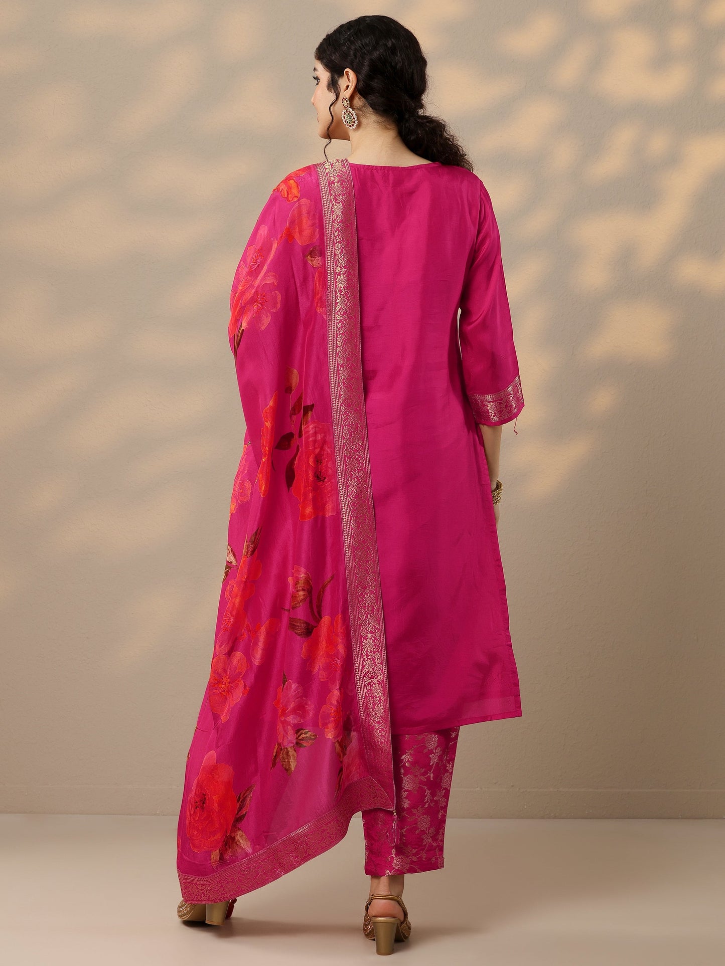 Magenta Woven Design Silk Blend Straight Suit Set With Dupatta