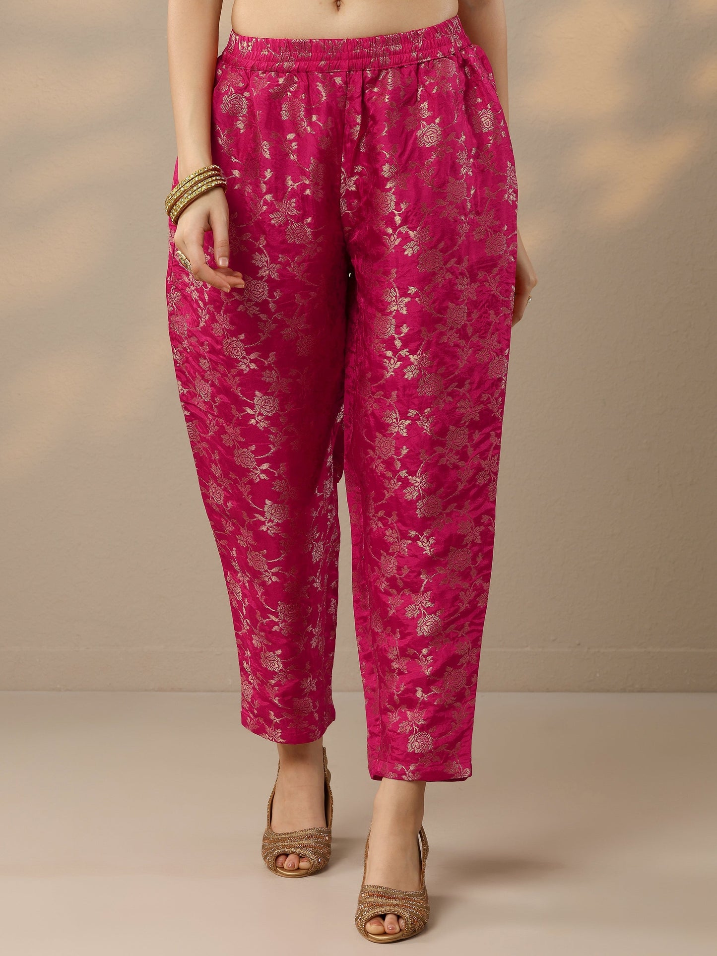 Magenta Woven Design Silk Blend Straight Suit Set With Dupatta