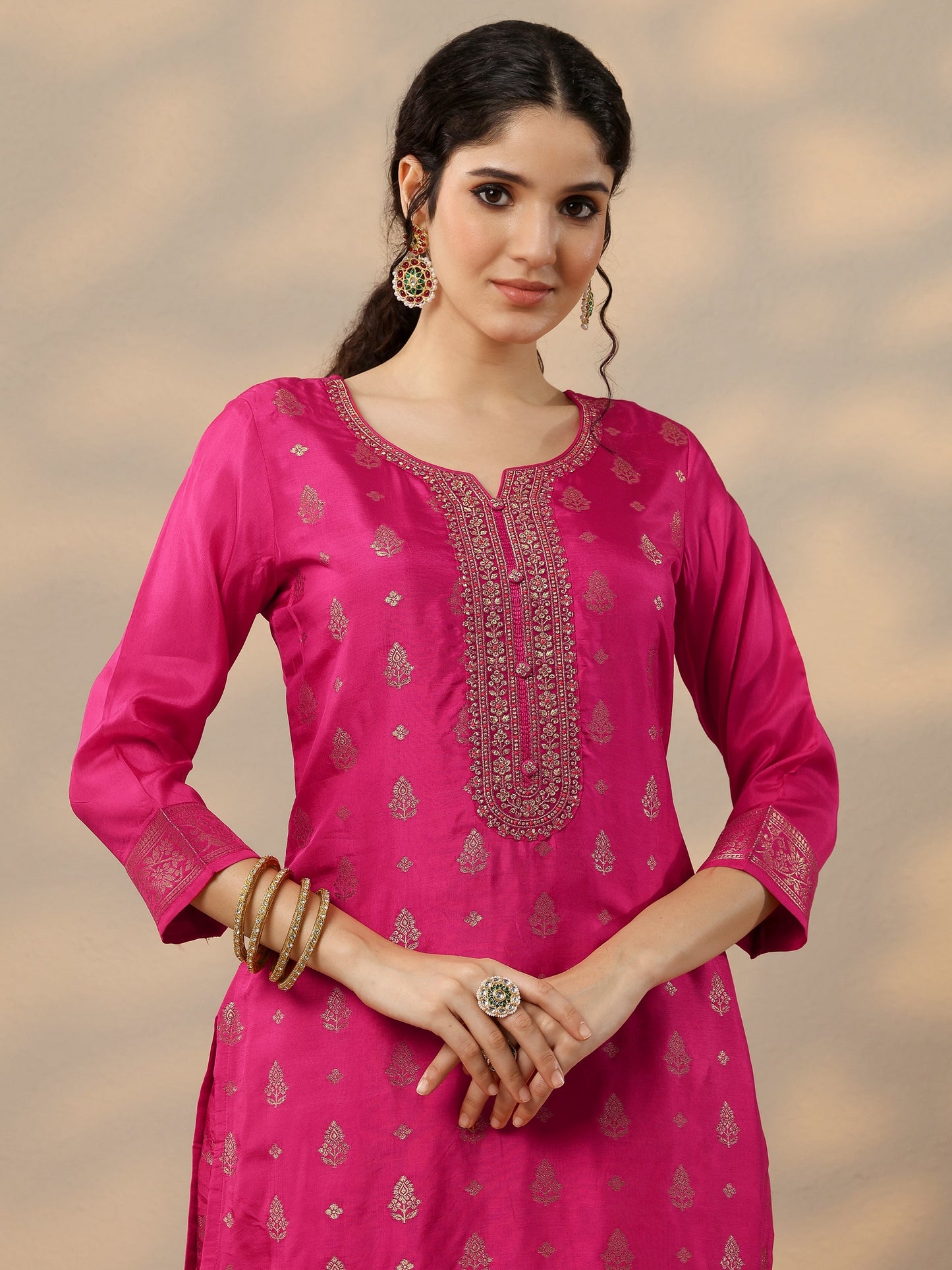 Magenta Woven Design Silk Blend Straight Suit Set With Dupatta