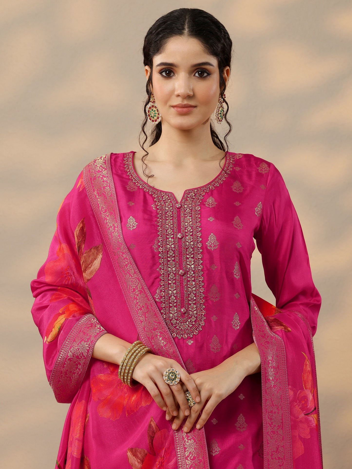Magenta Woven Design Silk Blend Straight Suit Set With Dupatta
