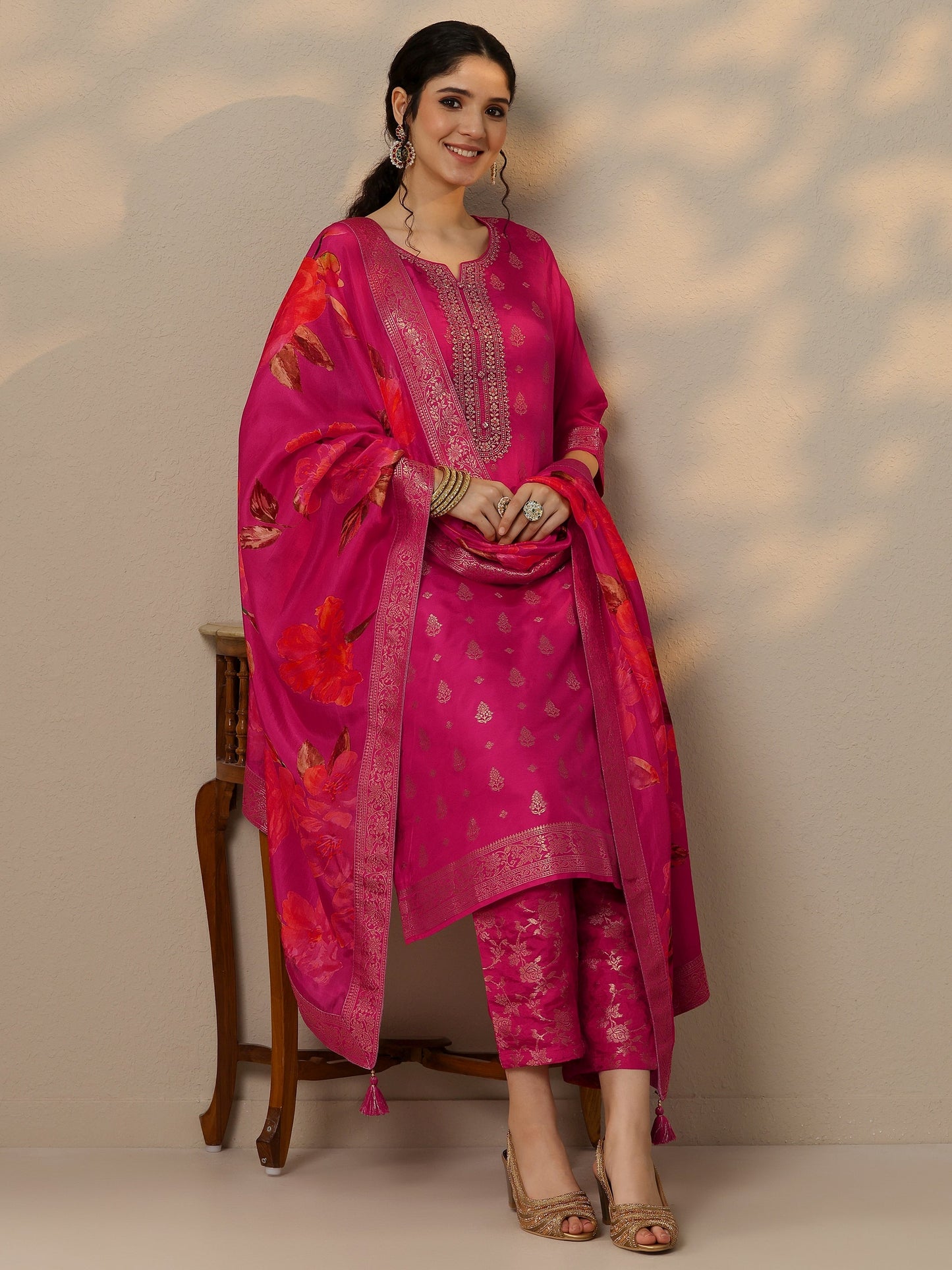 Magenta Woven Design Silk Blend Straight Suit Set With Dupatta
