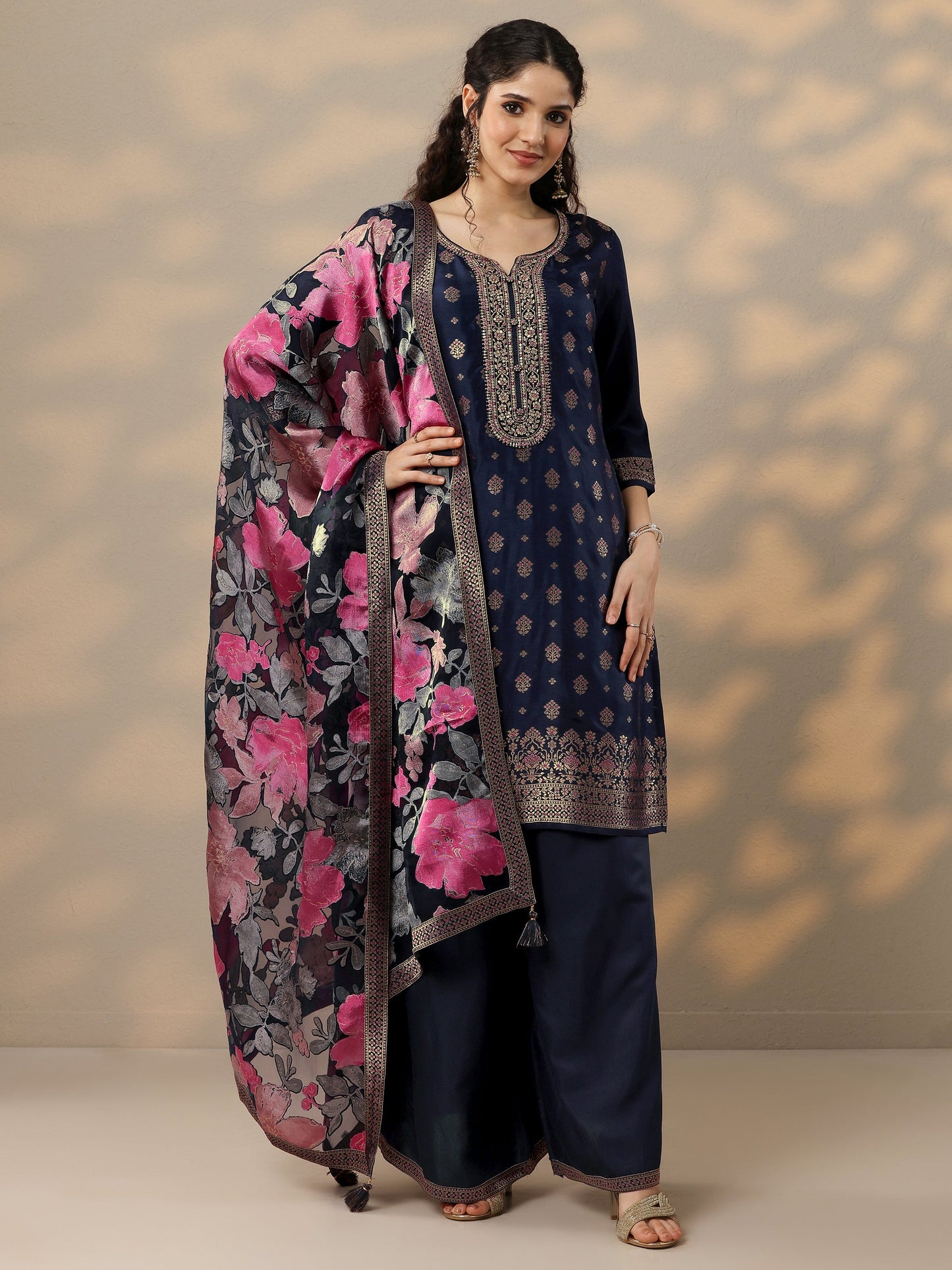 Navy Blue Woven Design Silk Blend Straight Suit Set With Dupatta