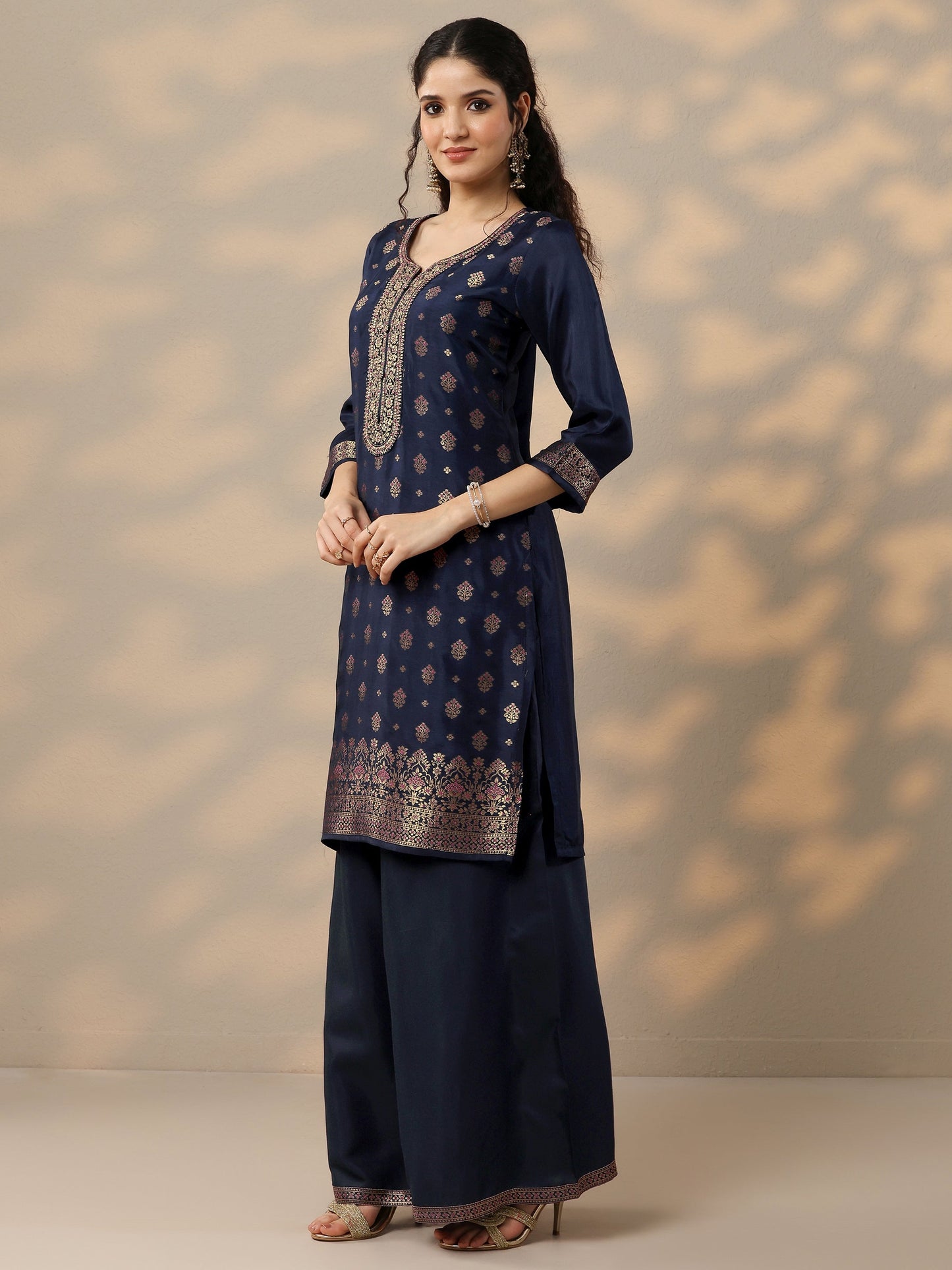 Navy Blue Woven Design Silk Blend Straight Suit Set With Dupatta