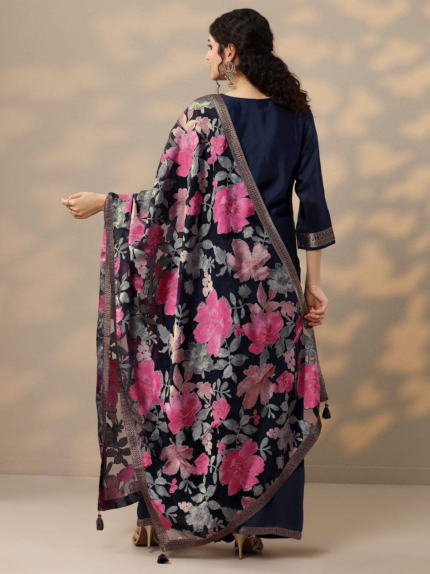 Navy Blue Woven Design Silk Blend Straight Suit Set With Dupatta
