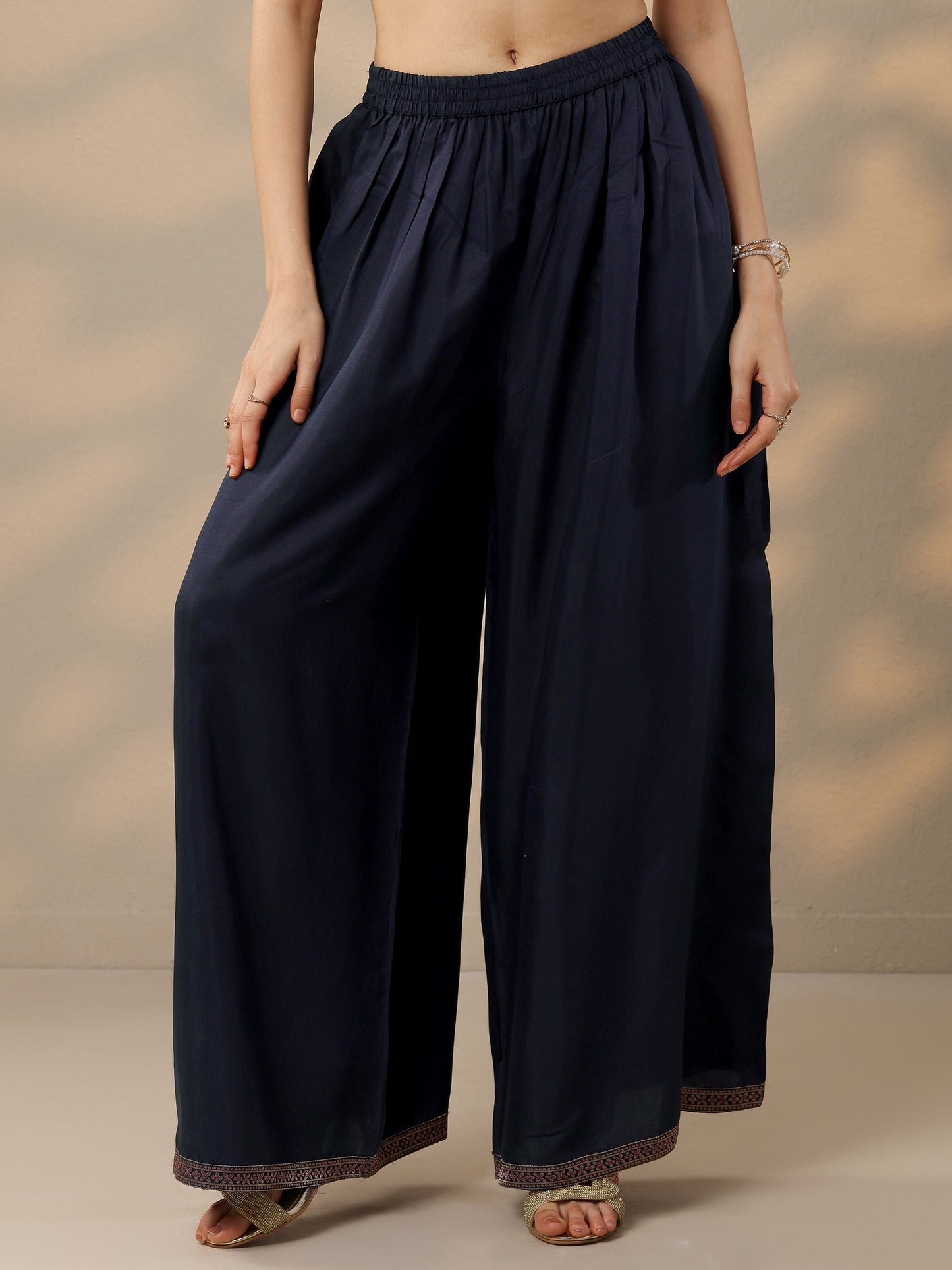 Navy Blue Woven Design Silk Blend Straight Suit Set With Dupatta